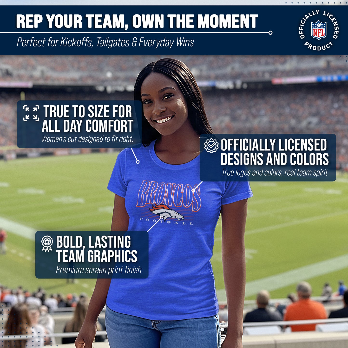 Denver Broncos NFL Womens Overtime Blueprint Tag-Less T-Shirt - Royal