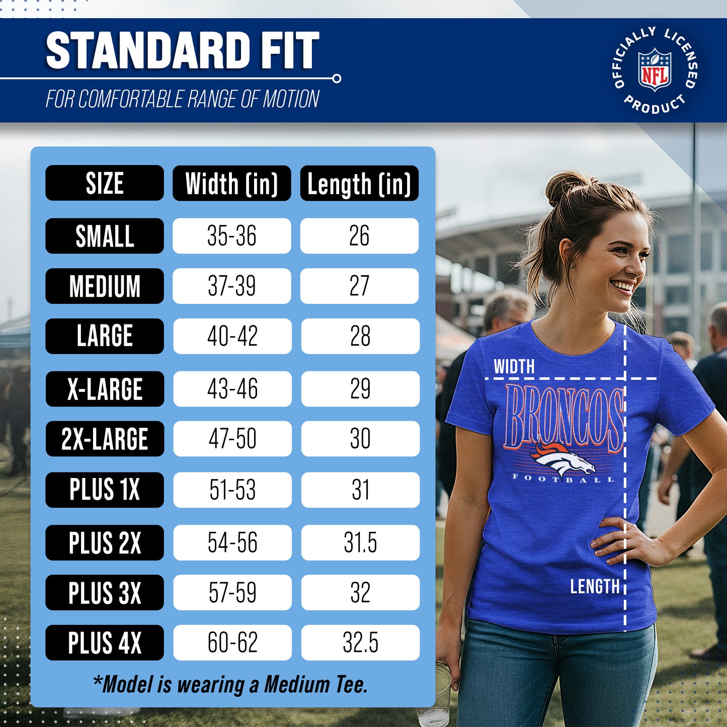 Denver Broncos NFL Womens Overtime Blueprint Tag-Less T-Shirt - Royal