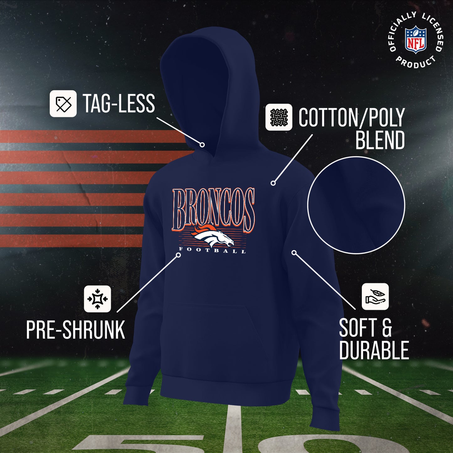 Denver Broncos NFL Youth Overtime Blueprint Football Fleece Hooded Sweatshirt - Navy