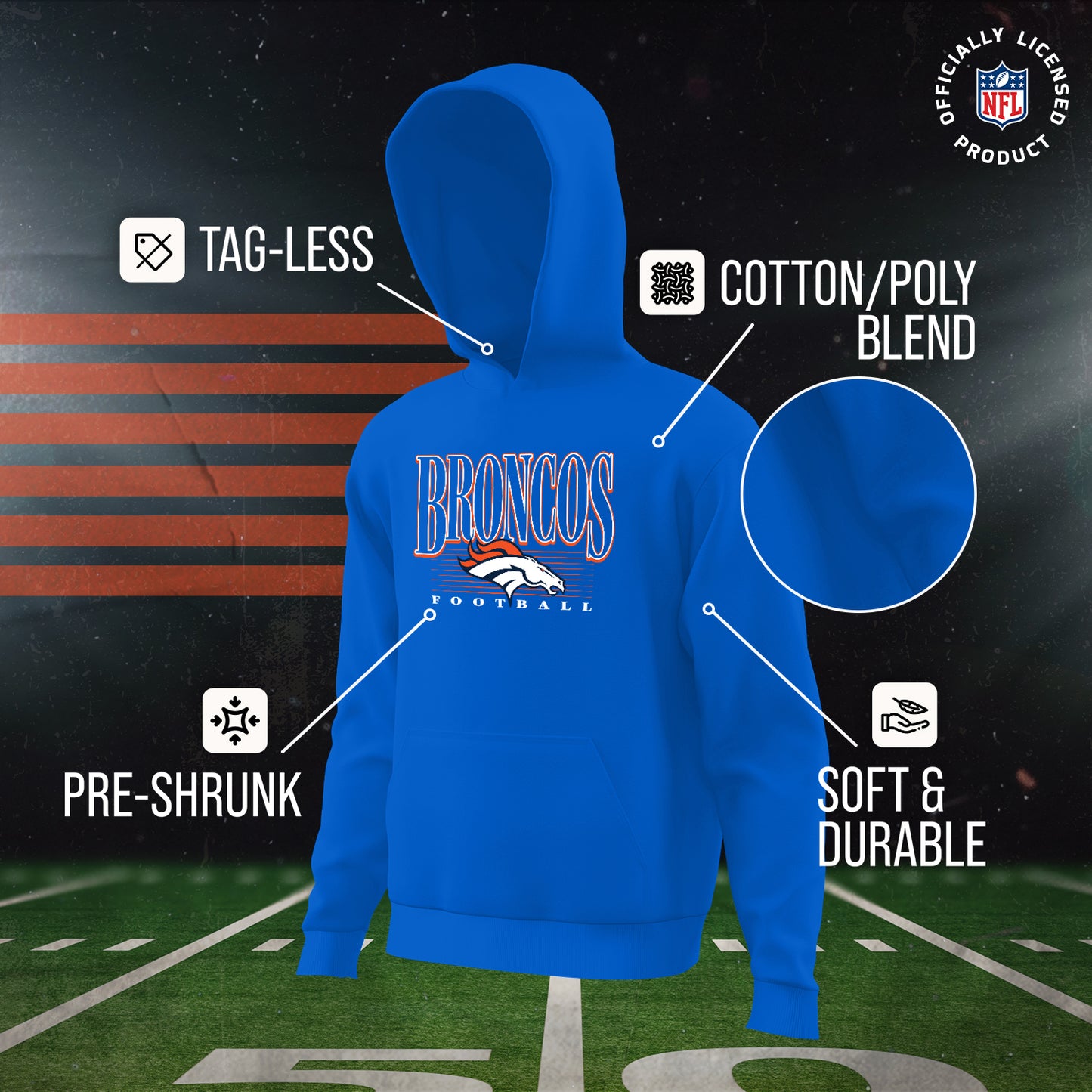 Denver Broncos NFL Youth Overtime Blueprint Football Fleece Hooded Sweatshirt - Royal