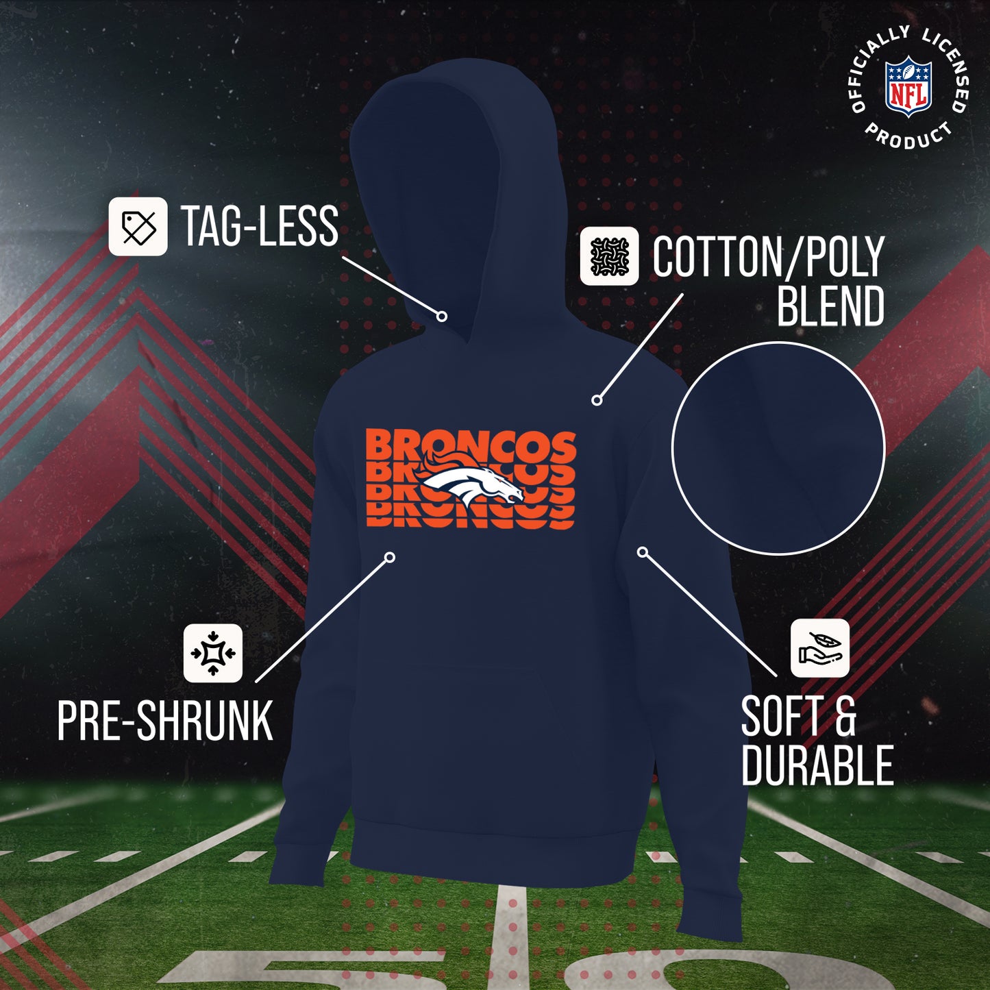 Denver Broncos NFL Youth Repeating Logo Football Fleece Hooded Sweatshirt - Navy