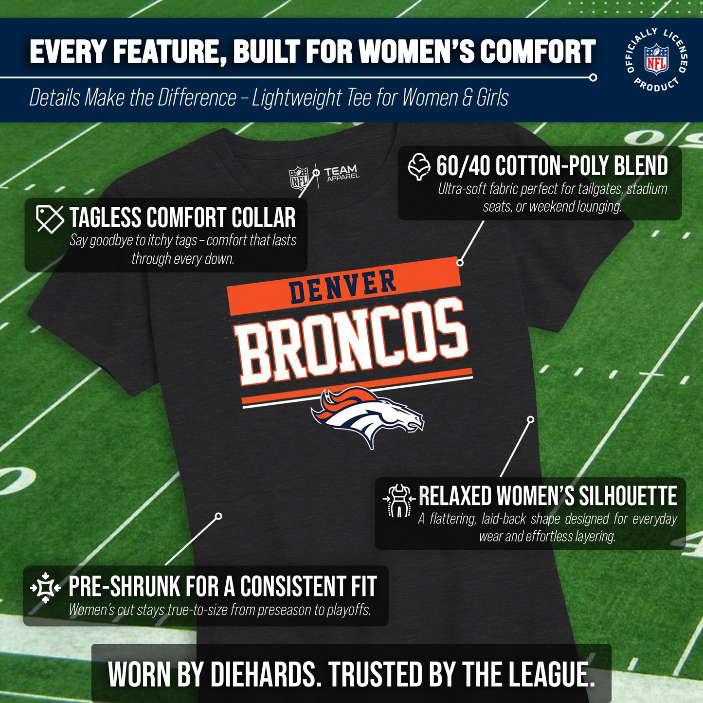 Denver Broncos NFL Women's Team Block Charcoal Tagless T-Shirt - Charcoal
