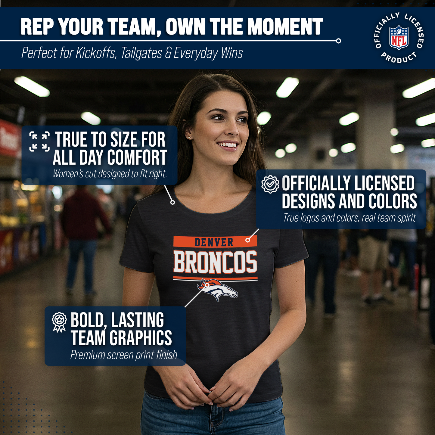 Denver Broncos NFL Women's Team Block Charcoal Tagless T-Shirt - Charcoal