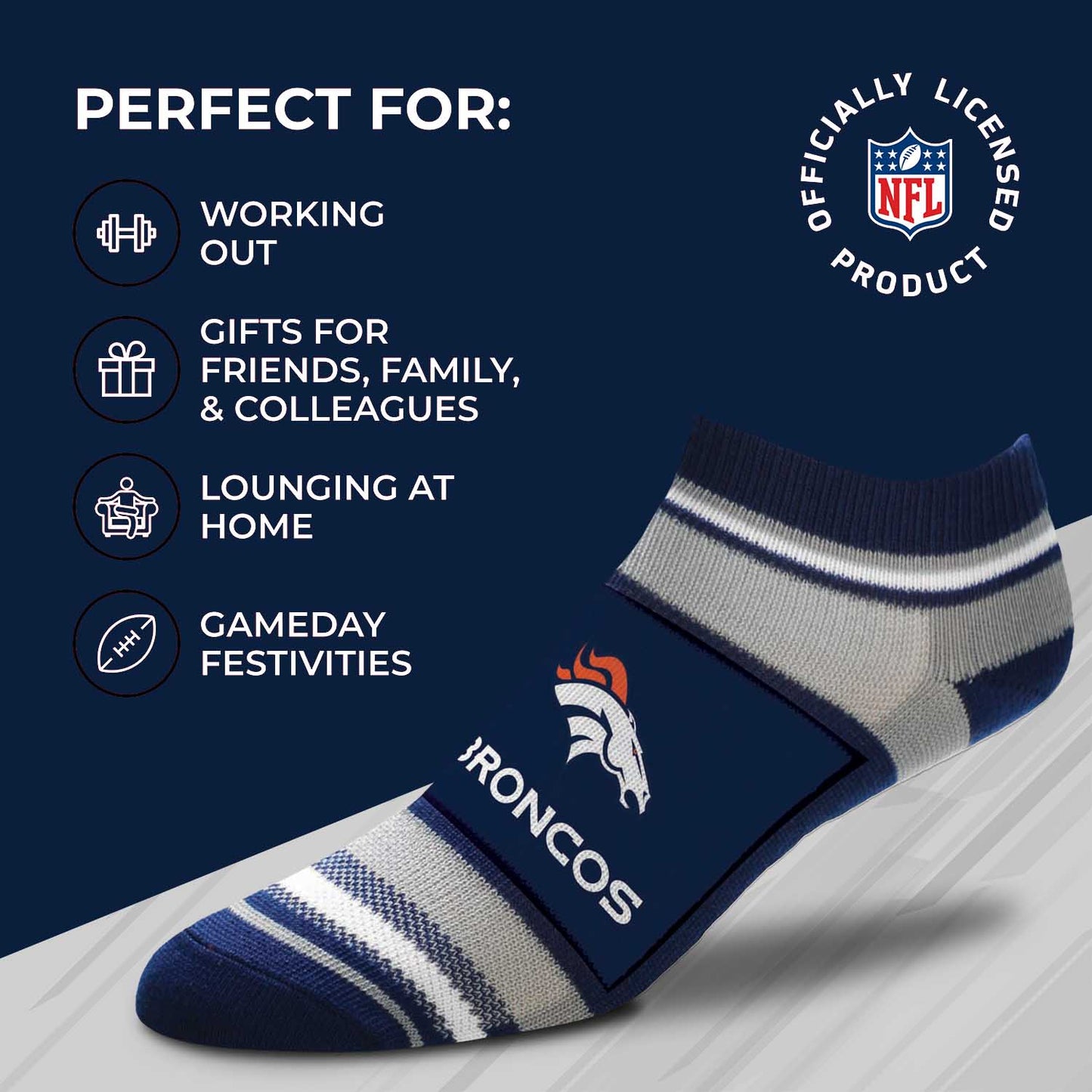 Denver Broncos Adult Marquis Addition No Show Socks - Navy