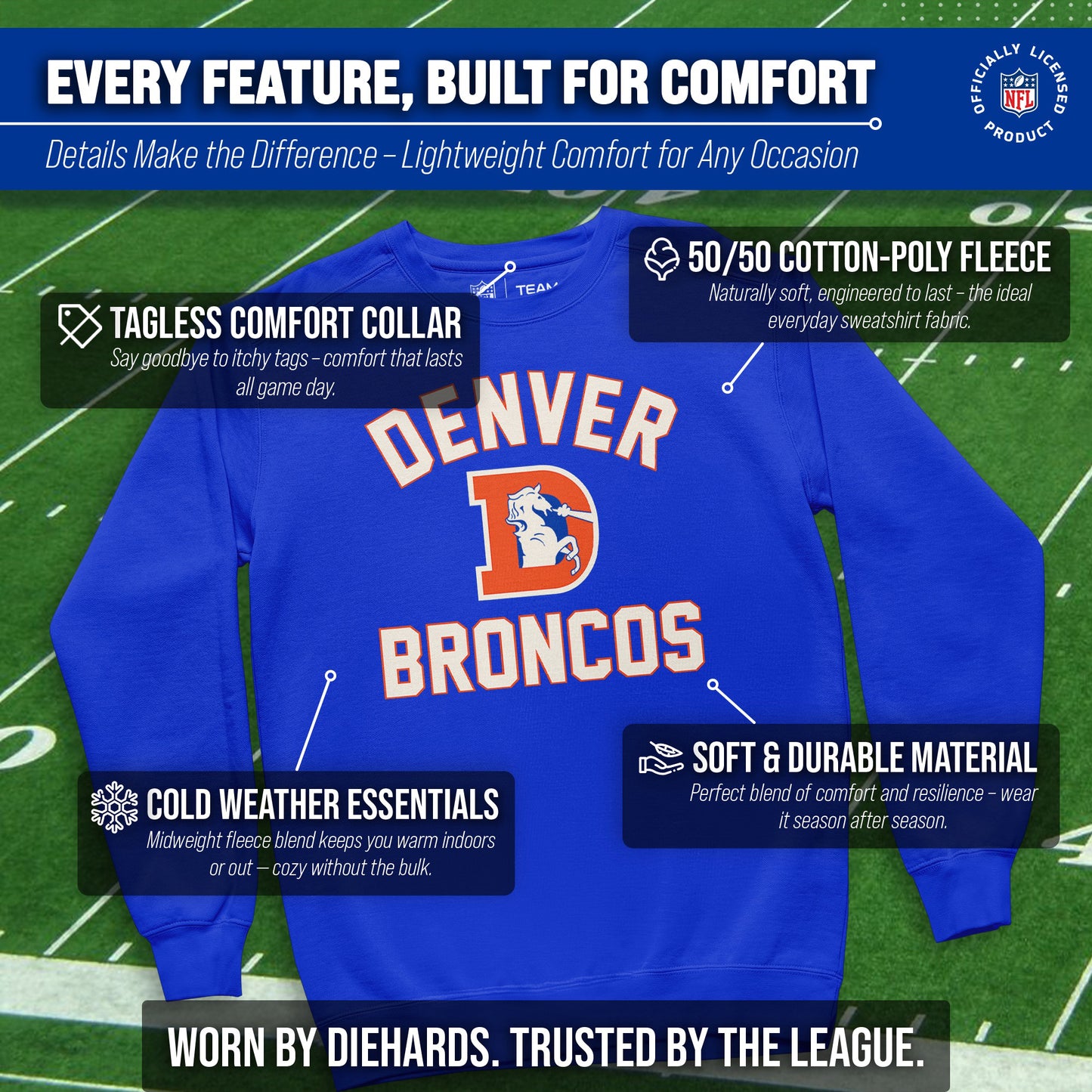 Denver Broncos NFL Adult Unisex Retro Gameday Ultra Soft Fleece Crewneck Sweatshirt - Royal