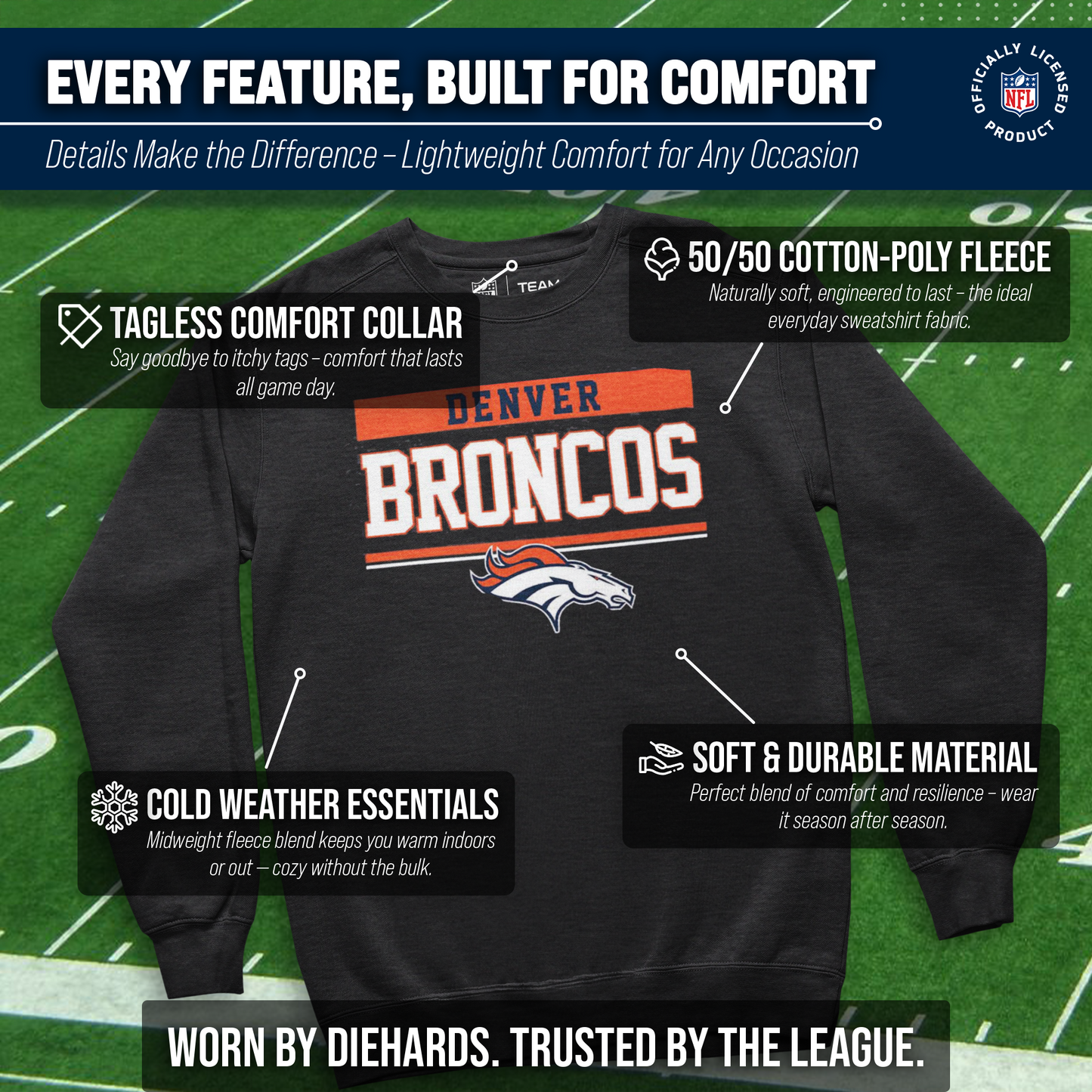 Denver Broncos NFL Adult Long Sleeve Team Block Charcoal Crewneck Sweatshirt - Charcoal