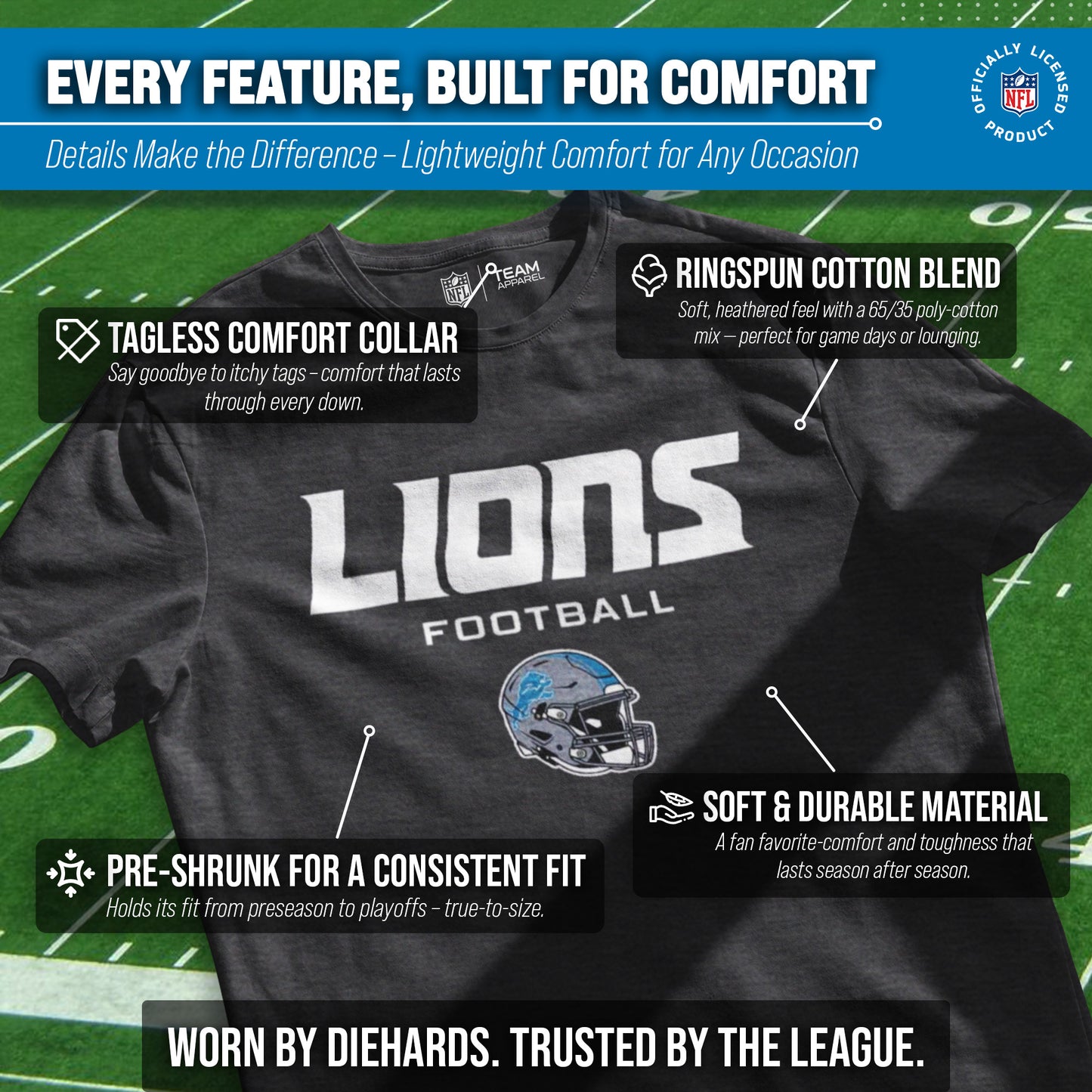 Detroit Lions NFL Adult Football Helmet Tagless T-Shirt - Charcoal