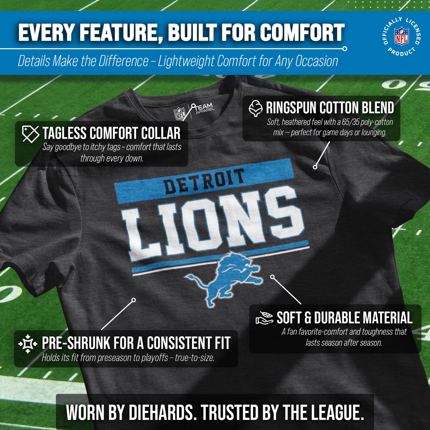 Detroit Lions NFL Adult Team Block Tagless T-Shirt - Charcoal