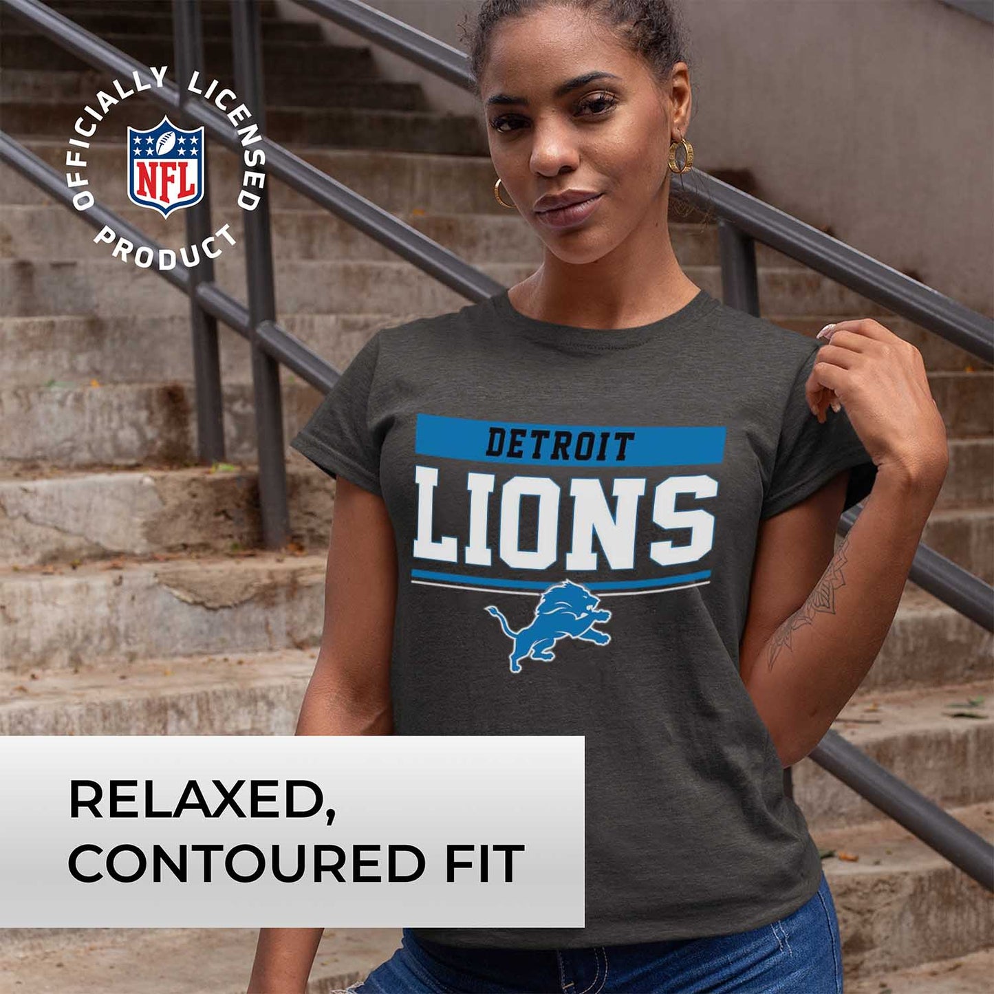 Detroit Lions NFL Women's Team Block Charcoal Tagless T-Shirt - Charcoal