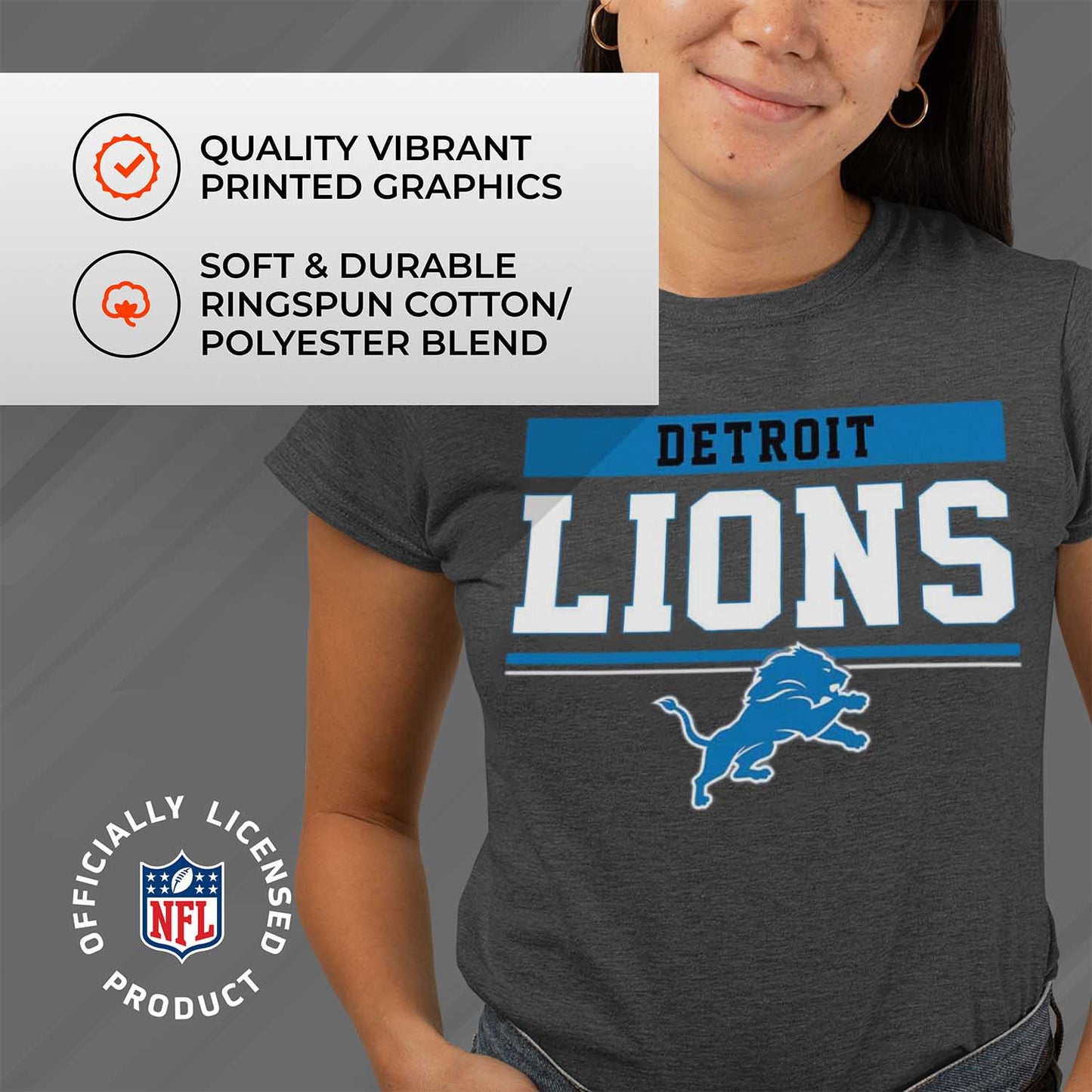 Detroit Lions NFL Women's Team Block Charcoal Tagless T-Shirt - Charcoal