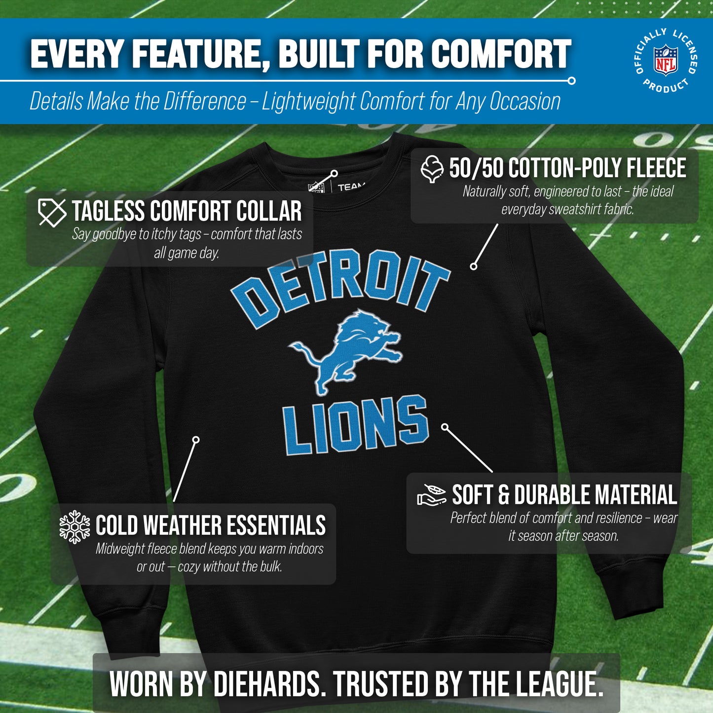 Detroit Lions NFL Gameday Adult Crewneck Sweatshirt - Black