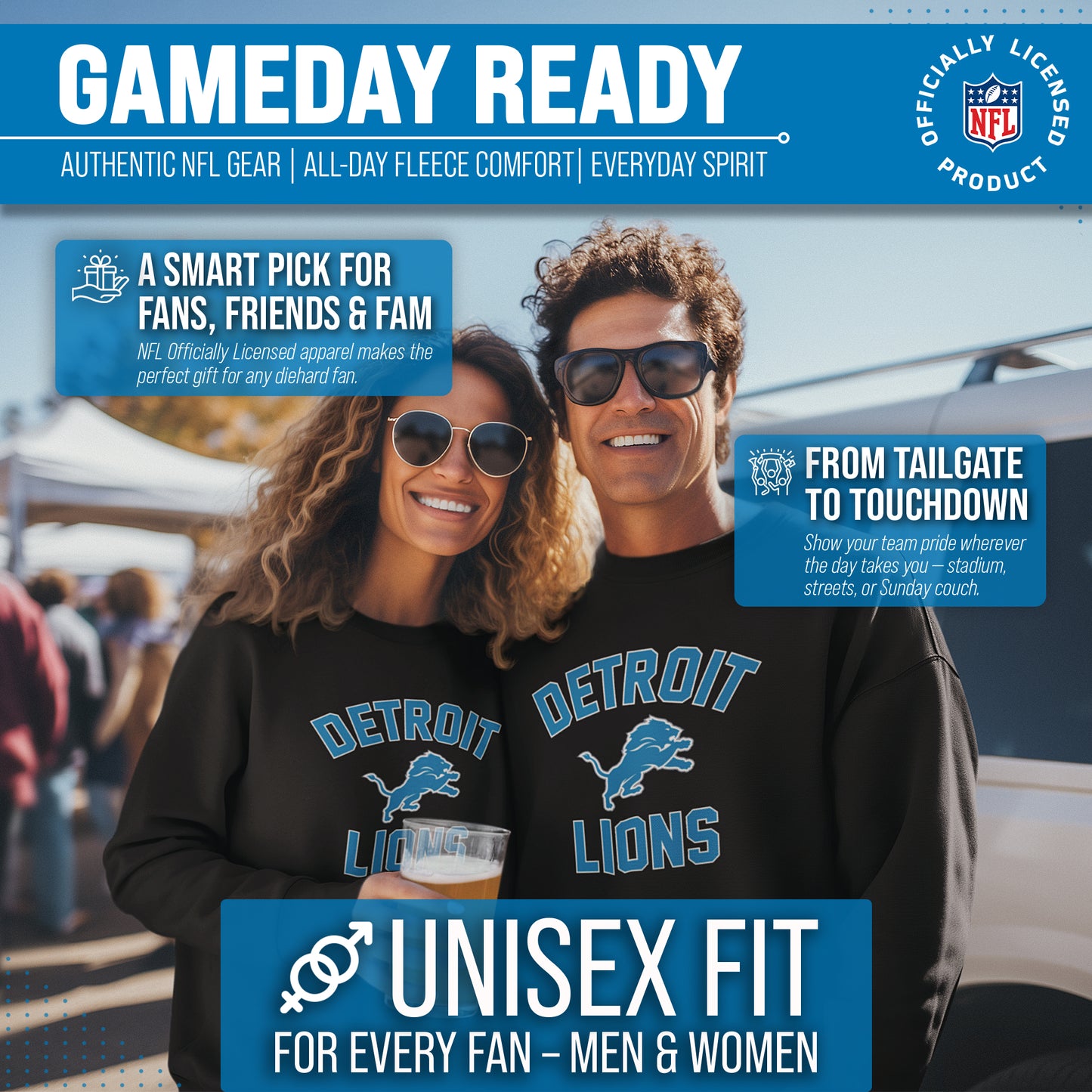 Detroit Lions NFL Gameday Adult Crewneck Sweatshirt - Black