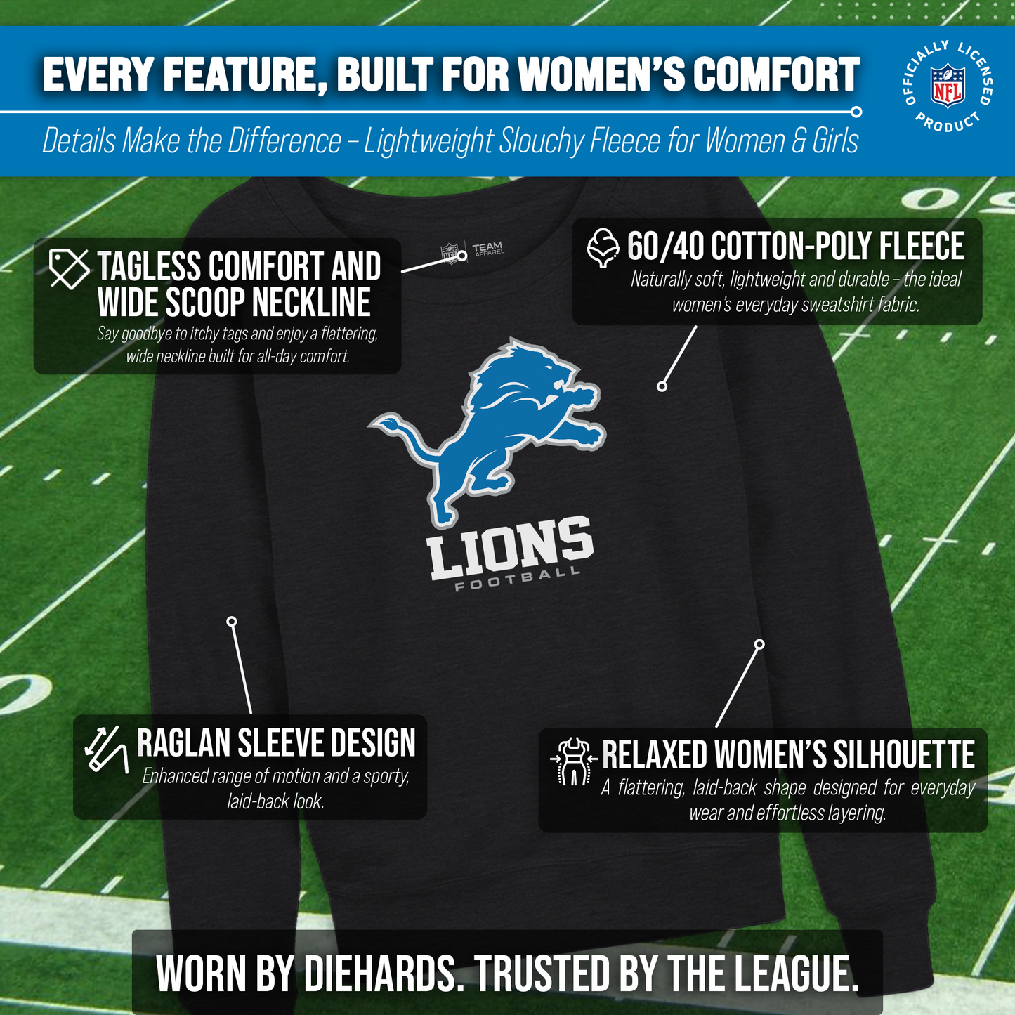 Detroit Lions Women's NFL Ultimate Fan Logo Slouchy Crewneck -Tagless Fleece Lightweight Pullover - Charcoal