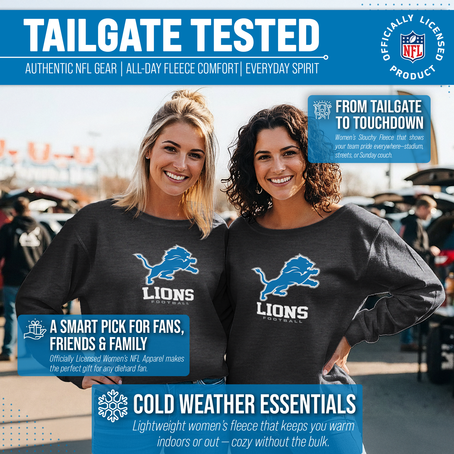 Detroit Lions Women's NFL Ultimate Fan Logo Slouchy Crewneck -Tagless Fleece Lightweight Pullover - Charcoal
