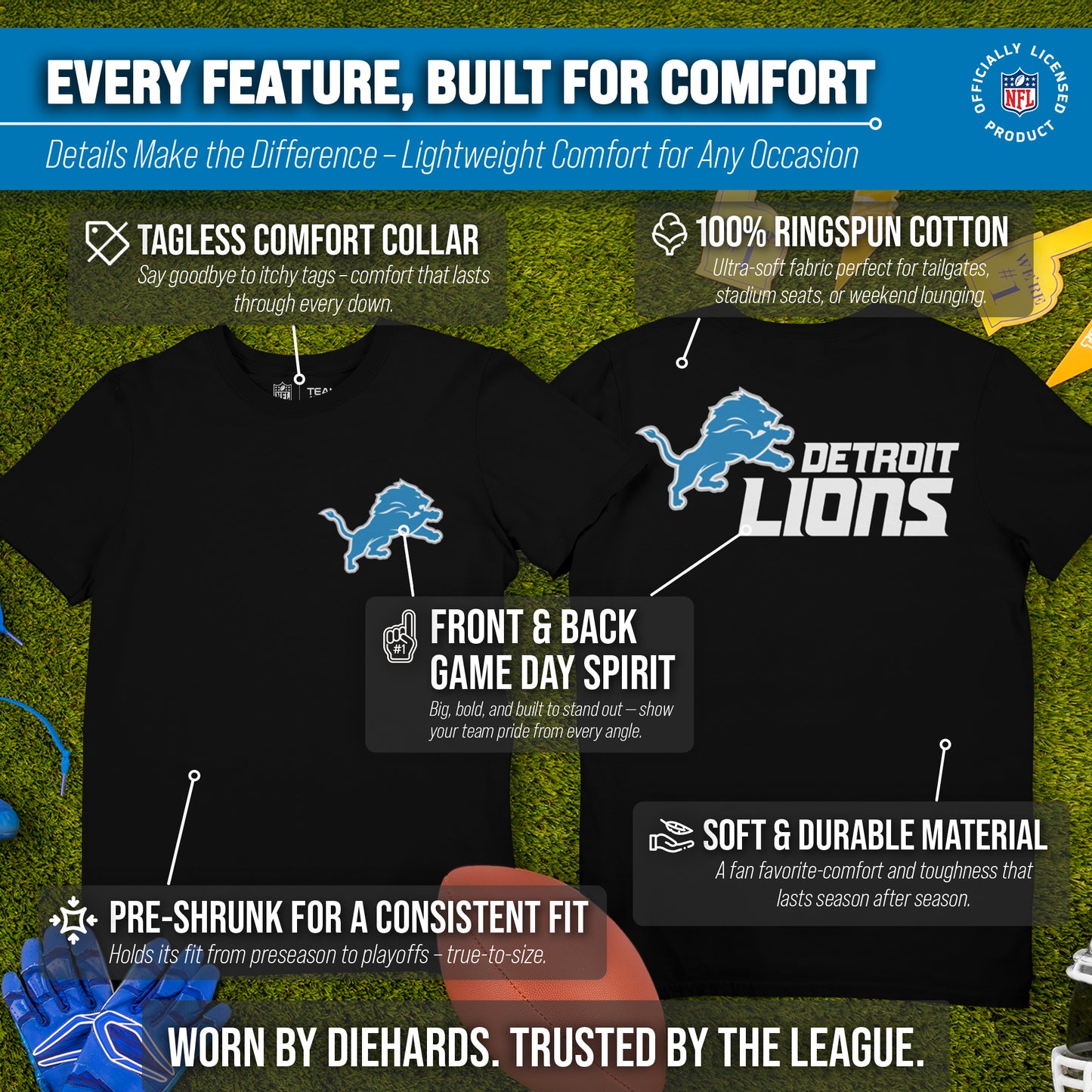 Detroit Lions NFL Pro Football Final Countdown Adult Cotton-Poly Short Sleeved T-Shirt For Men & Women - Black