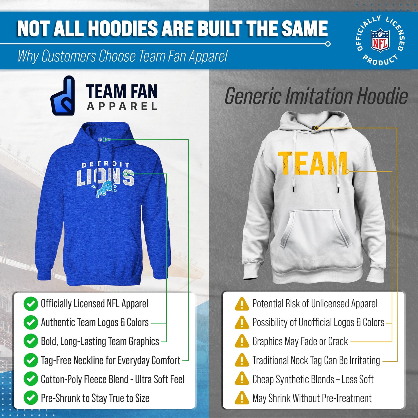 Detroit Lions NFL Adult Unisex Starting Fresh Ultra Soft Fleece Hooded Sweatshirt - Royal