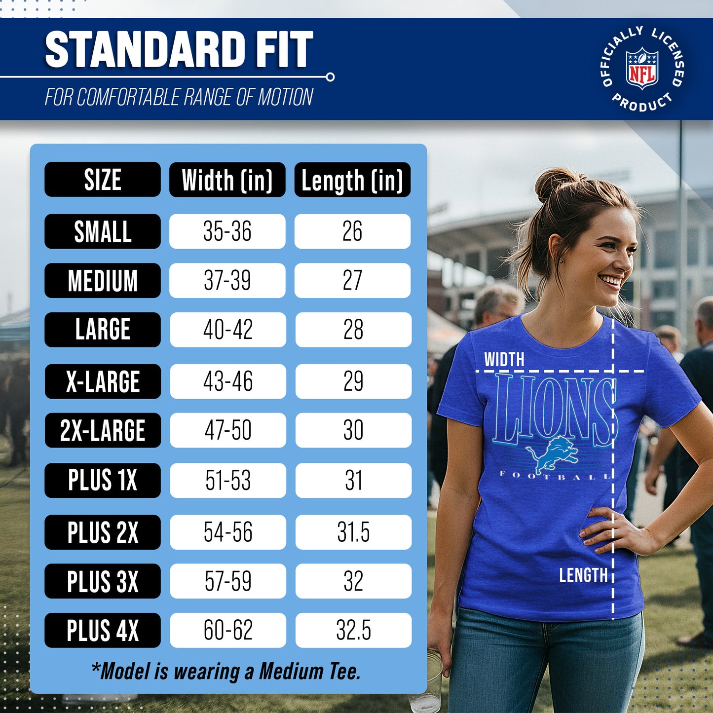 Detroit Lions NFL Womens Overtime Blueprint Tag-Less T-Shirt - Royal