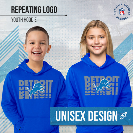 Detroit Lions NFL Youth Repeating Logo Football Fleece Hooded Sweatshirt - Royal