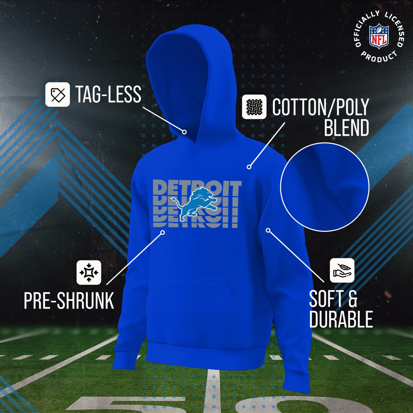 Detroit Lions NFL Youth Repeating Logo Football Fleece Hooded Sweatshirt - Royal