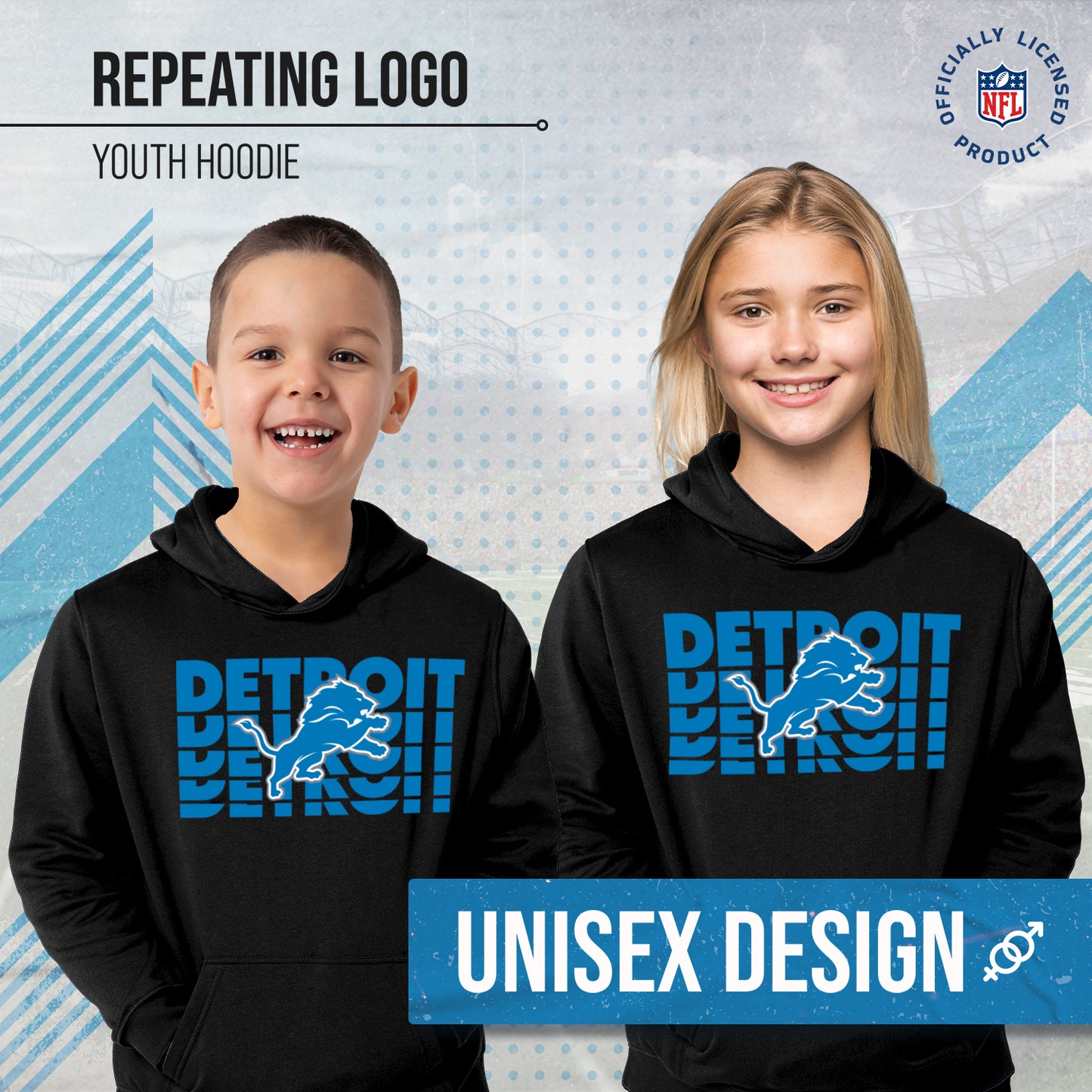 Detroit Lions NFL Youth Repeating Logo Football Fleece Hooded Sweatshirt - Black