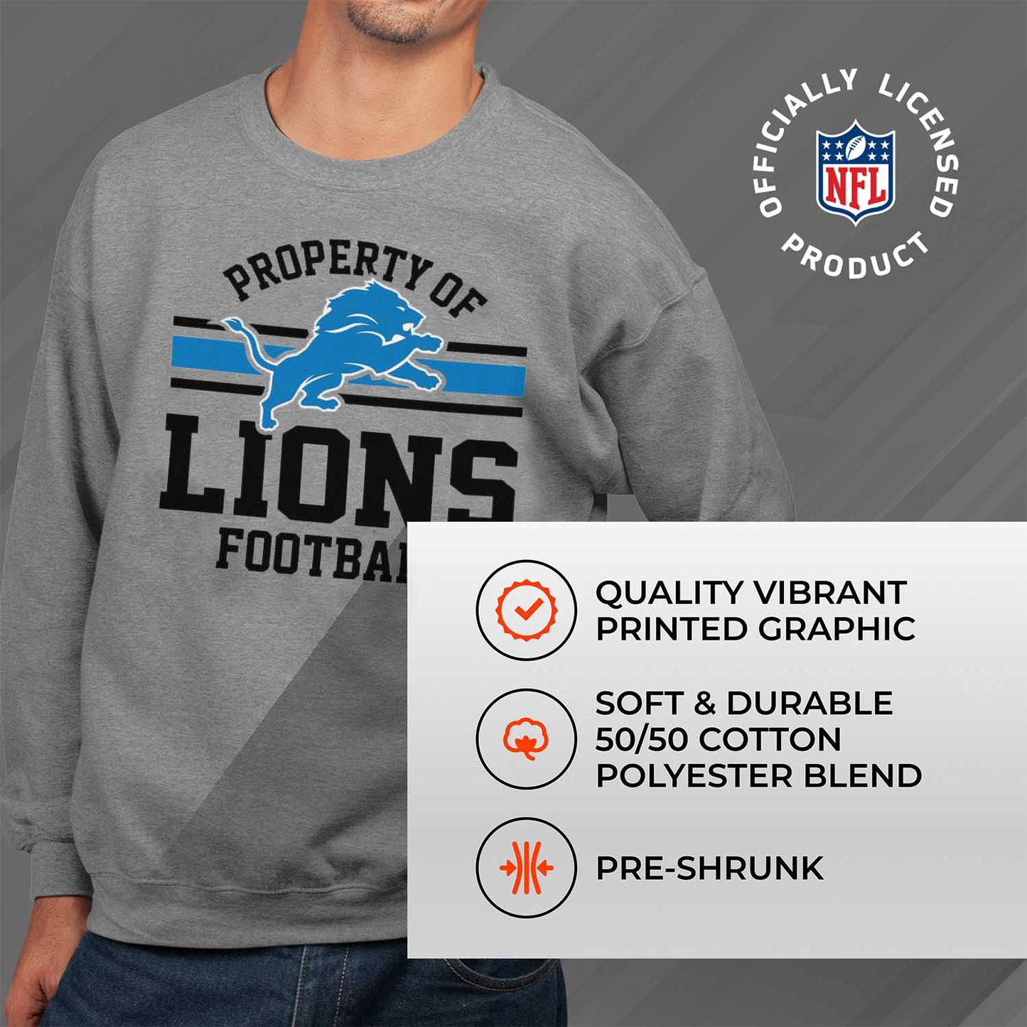 Detroit Lions NFL Adult Property Of Crewneck Fleece Sweatshirt - Sport Gray
