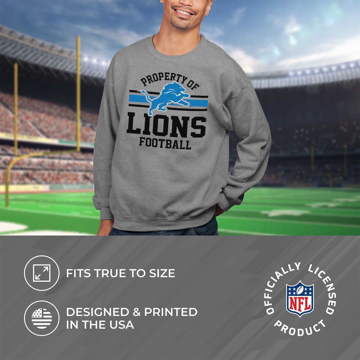 Detroit Lions NFL Adult Property Of Crewneck Fleece Sweatshirt - Sport Gray