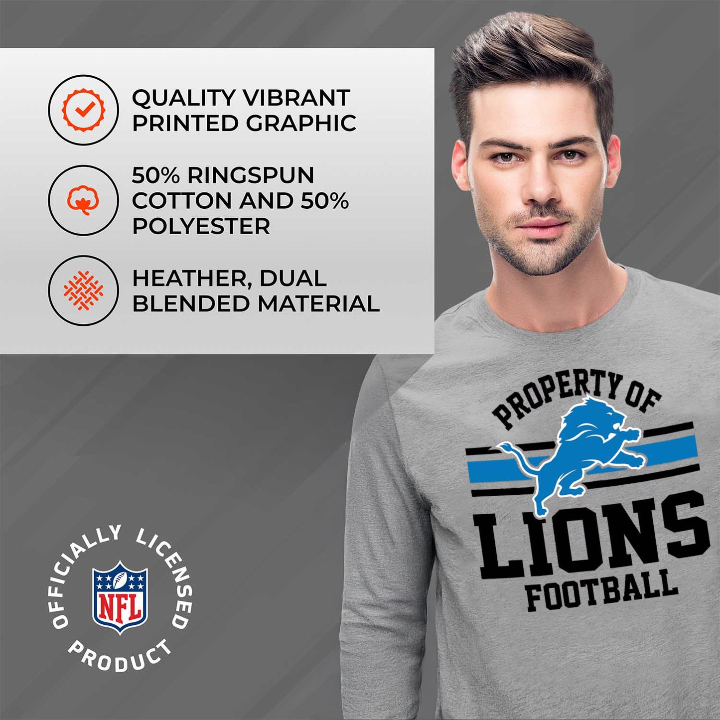 Detroit Lions NFL Adult Property Of Long SleeveT Shirt - Sport Gray
