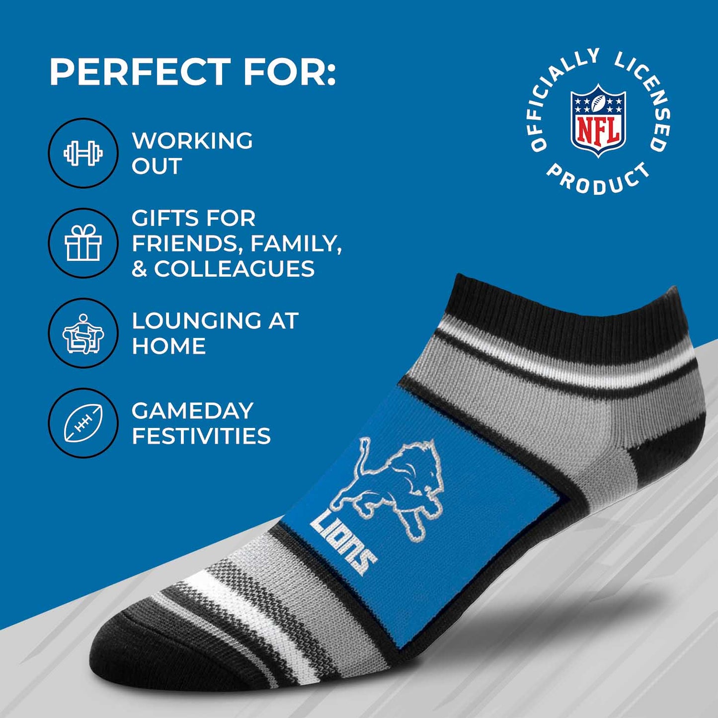 Detroit Lions NFL Adult Marquis Addition No Show Socks - Blue