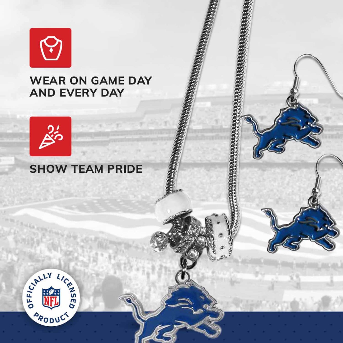 Detroit Lions NFL Game Day Necklace and Earrings - Silver