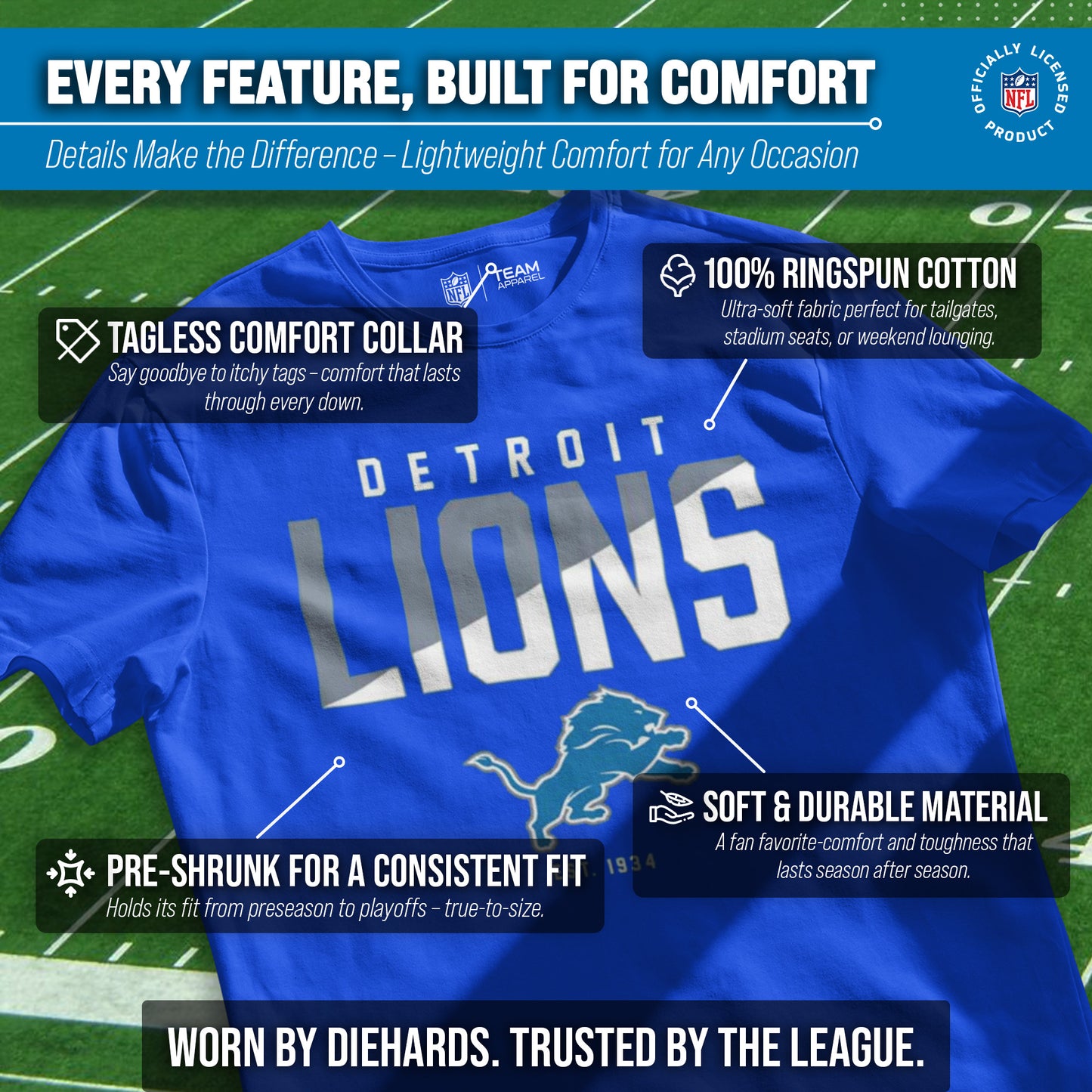 Detroit Lions Adult NFL Diagonal Fade Color Block T-Shirt - Royal