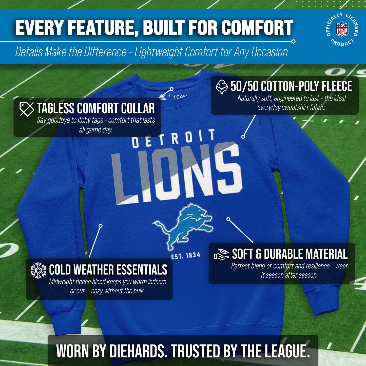 Detroit Lions Adult NFL Diagonal Fade Color Block Crewneck Sweatshirt - Royal