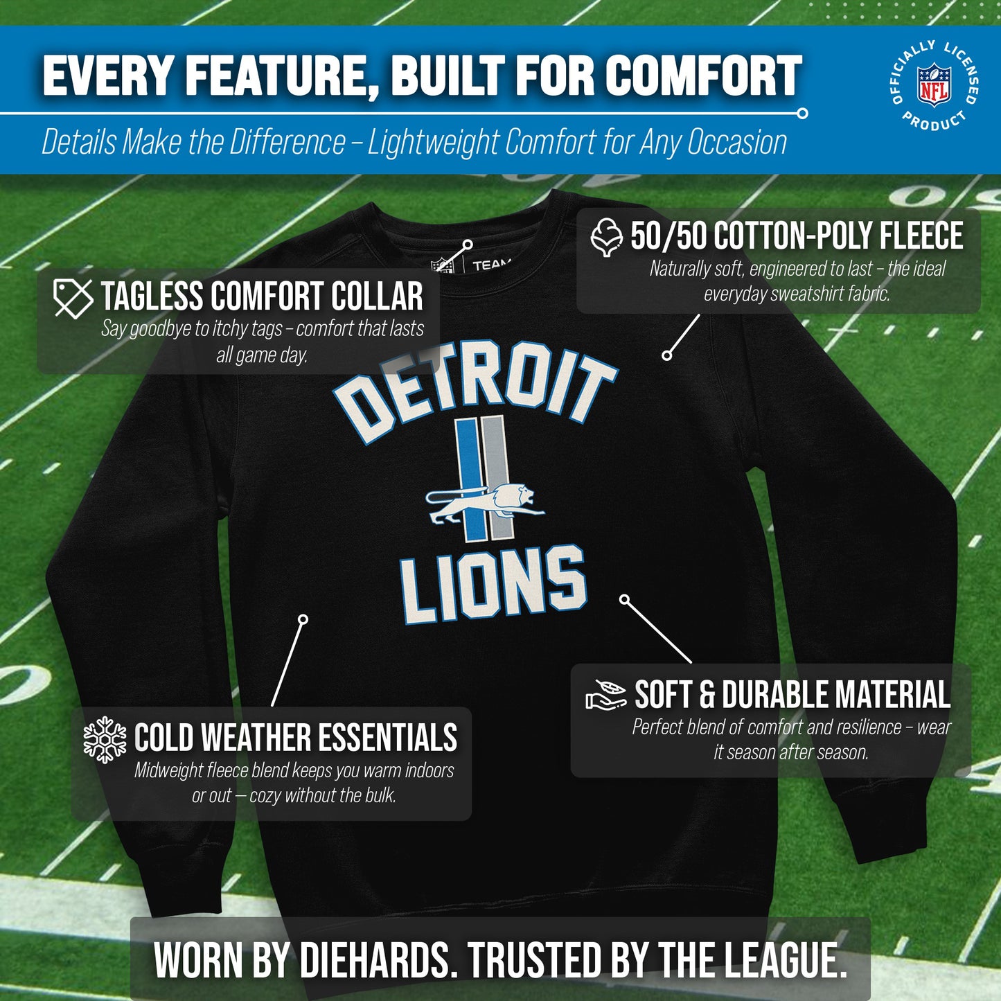 Detroit Lions NFL Adult Unisex Retro Gameday Ultra Soft Fleece Crewneck Sweatshirt - Black