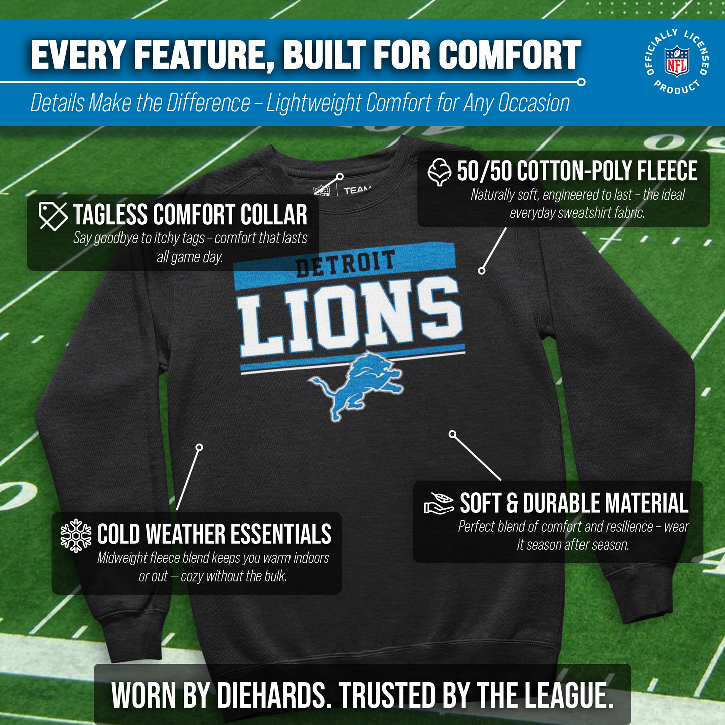 Detroit Lions NFL Adult Long Sleeve Team Block Charcoal Crewneck Sweatshirt - Charcoal