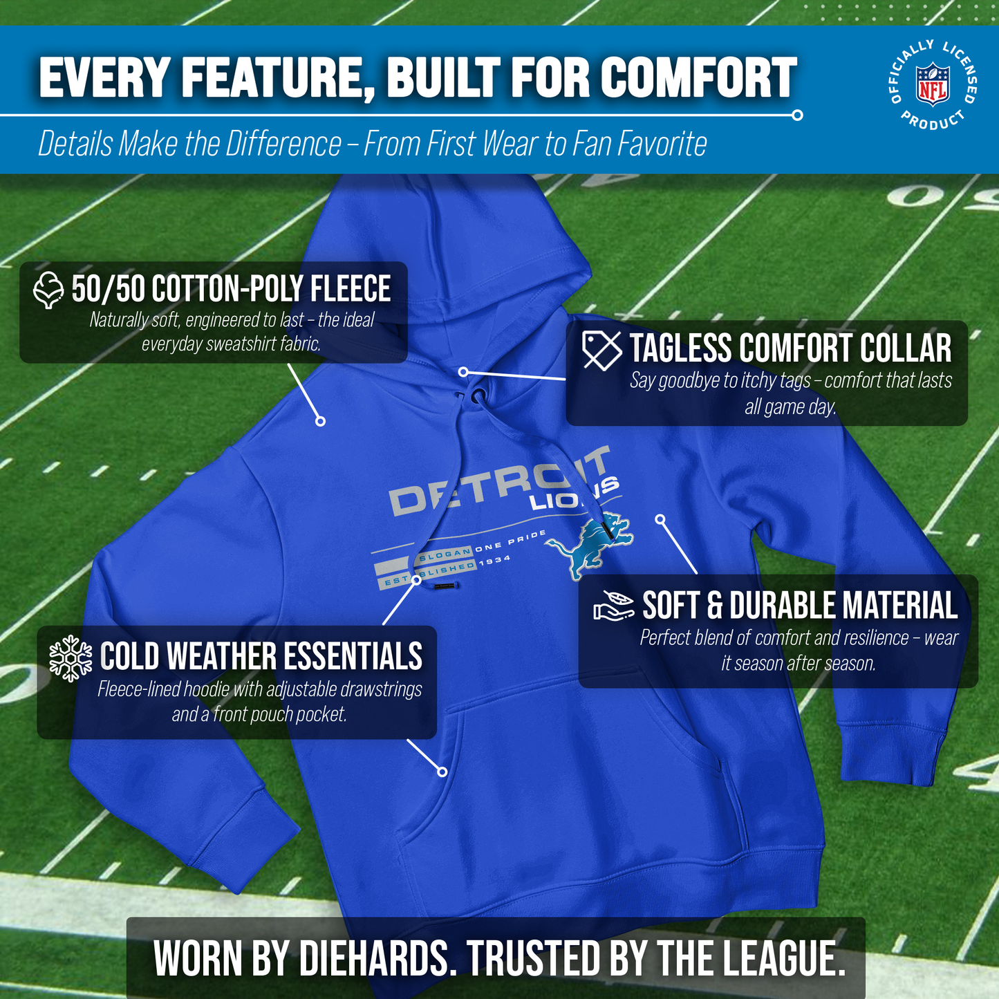 Detroit Lions Adult NFL Speed Stat Sheet Fleece Hooded Sweatshirt - Royal