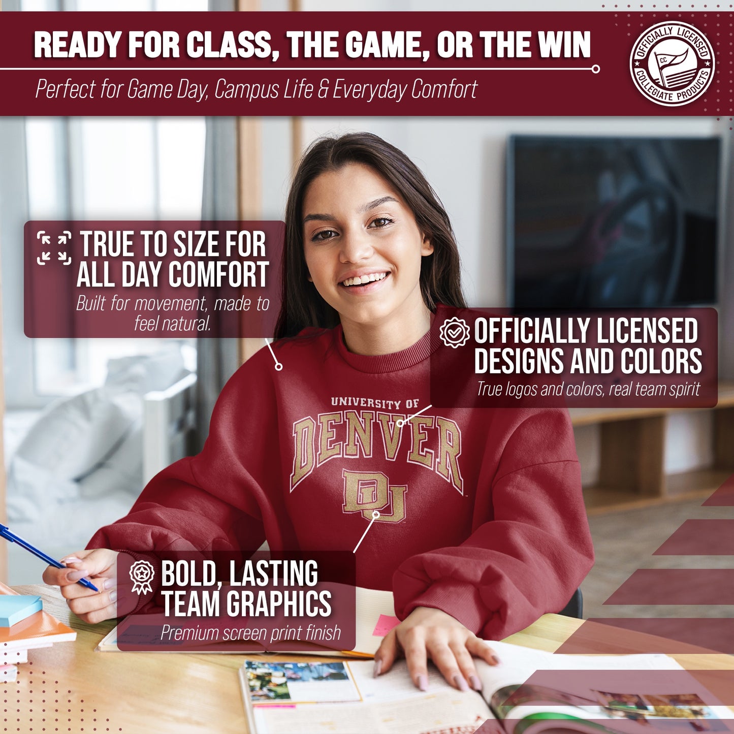 Denver Pioneers Adult Arch & Logo Soft Style Gameday Crewneck Sweatshirt - Maroon