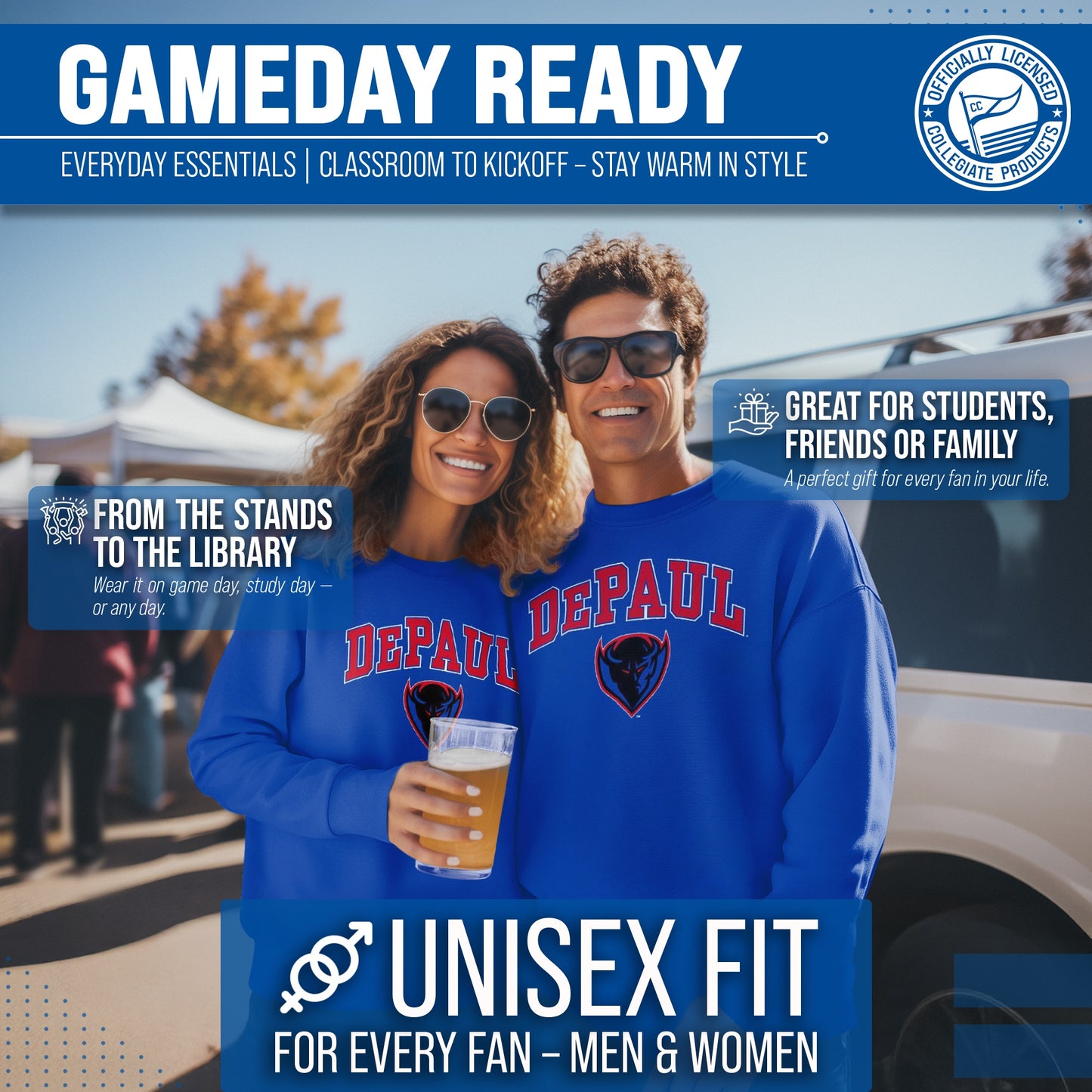DePaul Blue Demons Adult Arch & Logo Soft Style Gameday Crewneck Sweatshirt - Royal