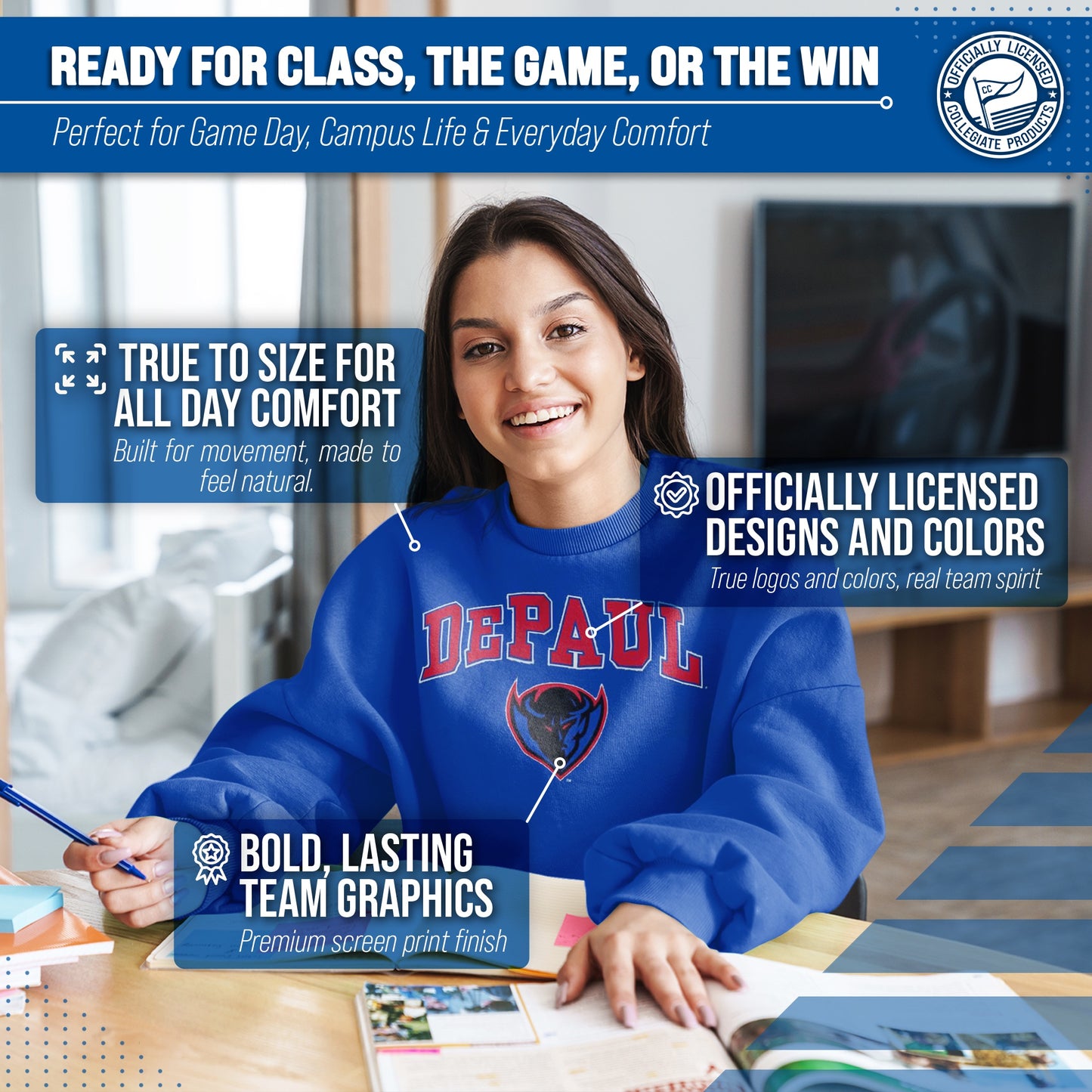 DePaul Blue Demons Adult Arch & Logo Soft Style Gameday Crewneck Sweatshirt - Royal