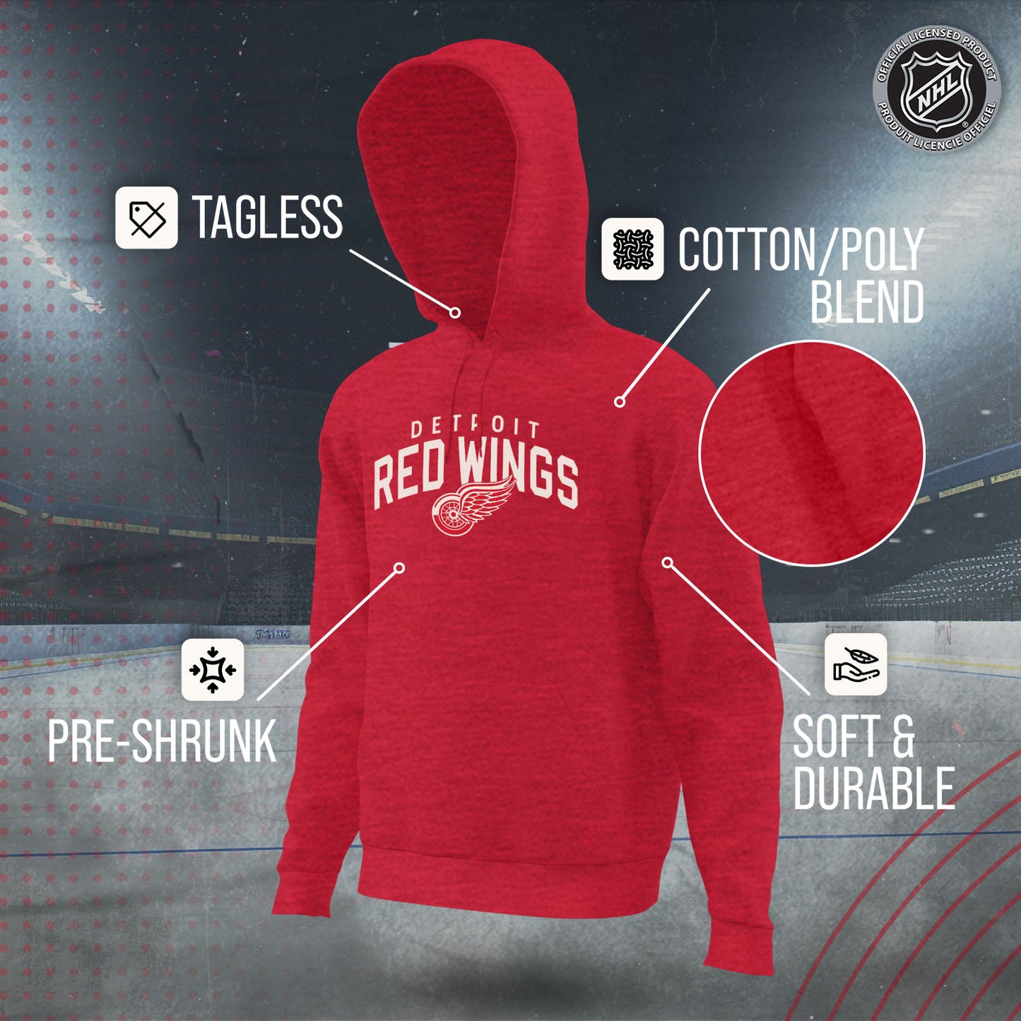 Detroit Red Wings NHL Adult Unisex Powerplay Hooded Sweatshirt - Red