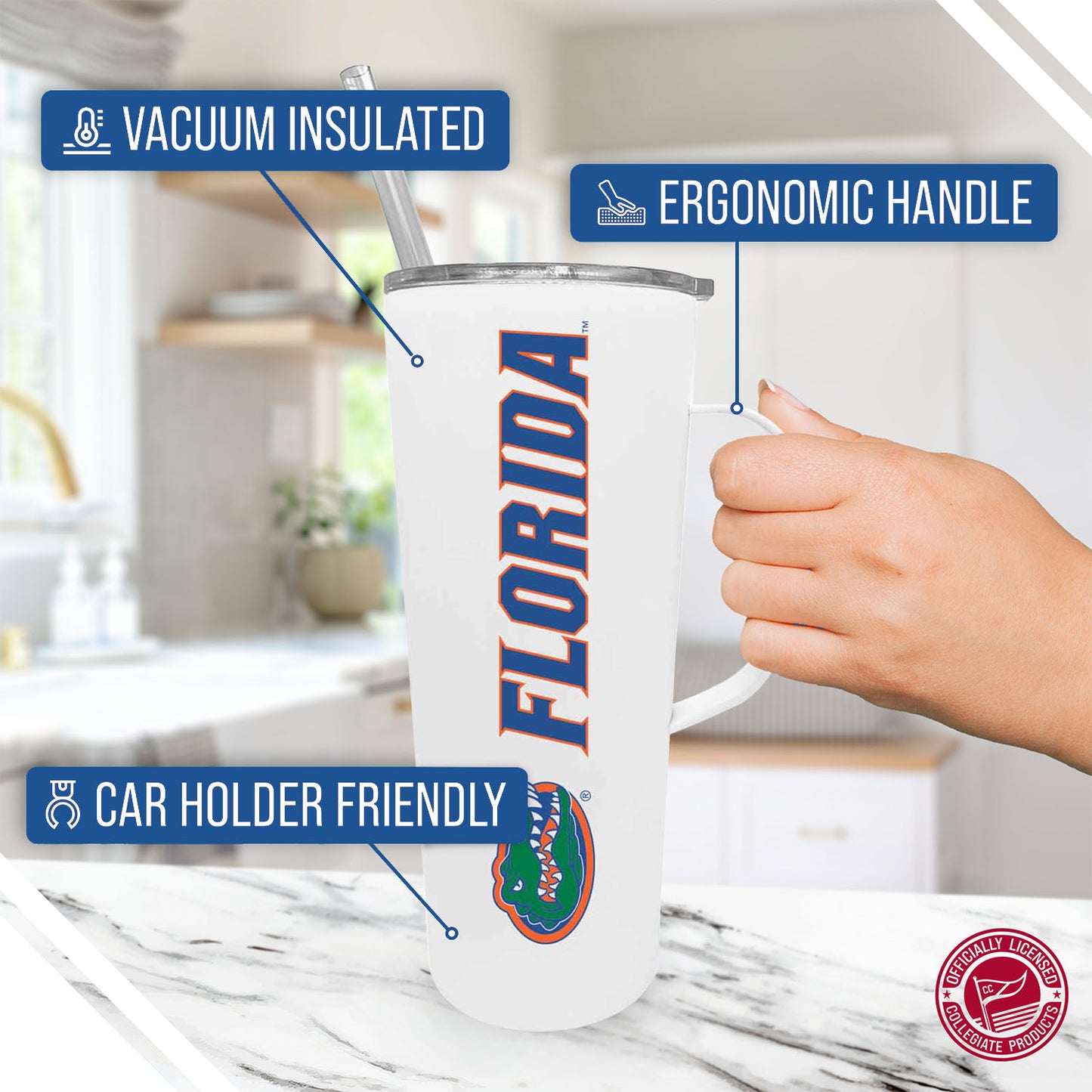 Florida Gators NCAA Stainless Steel 20oz Roadie With Handle & Dual Option Lid With Straw - White
