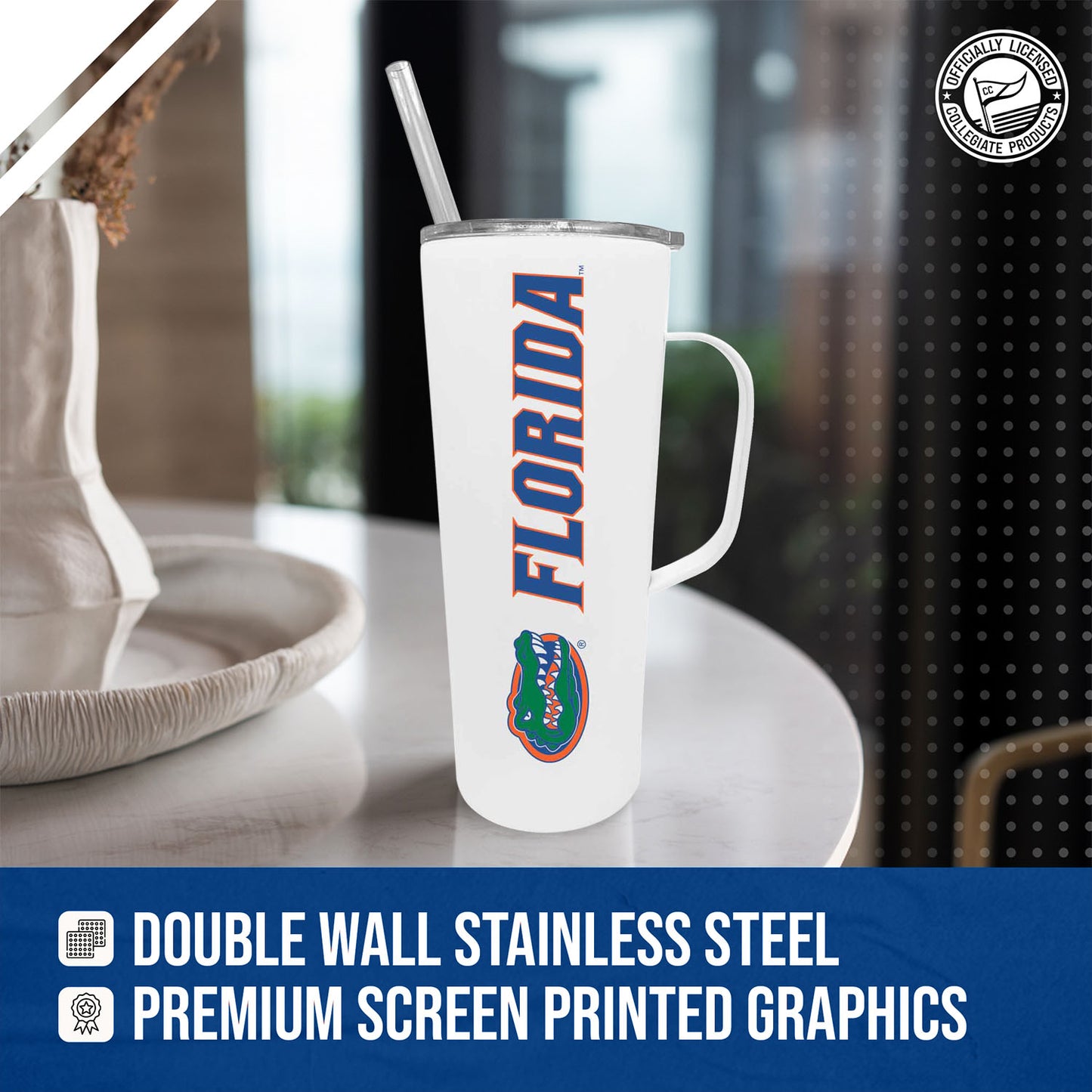 Florida Gators NCAA Stainless Steel 20oz Roadie With Handle & Dual Option Lid With Straw - White