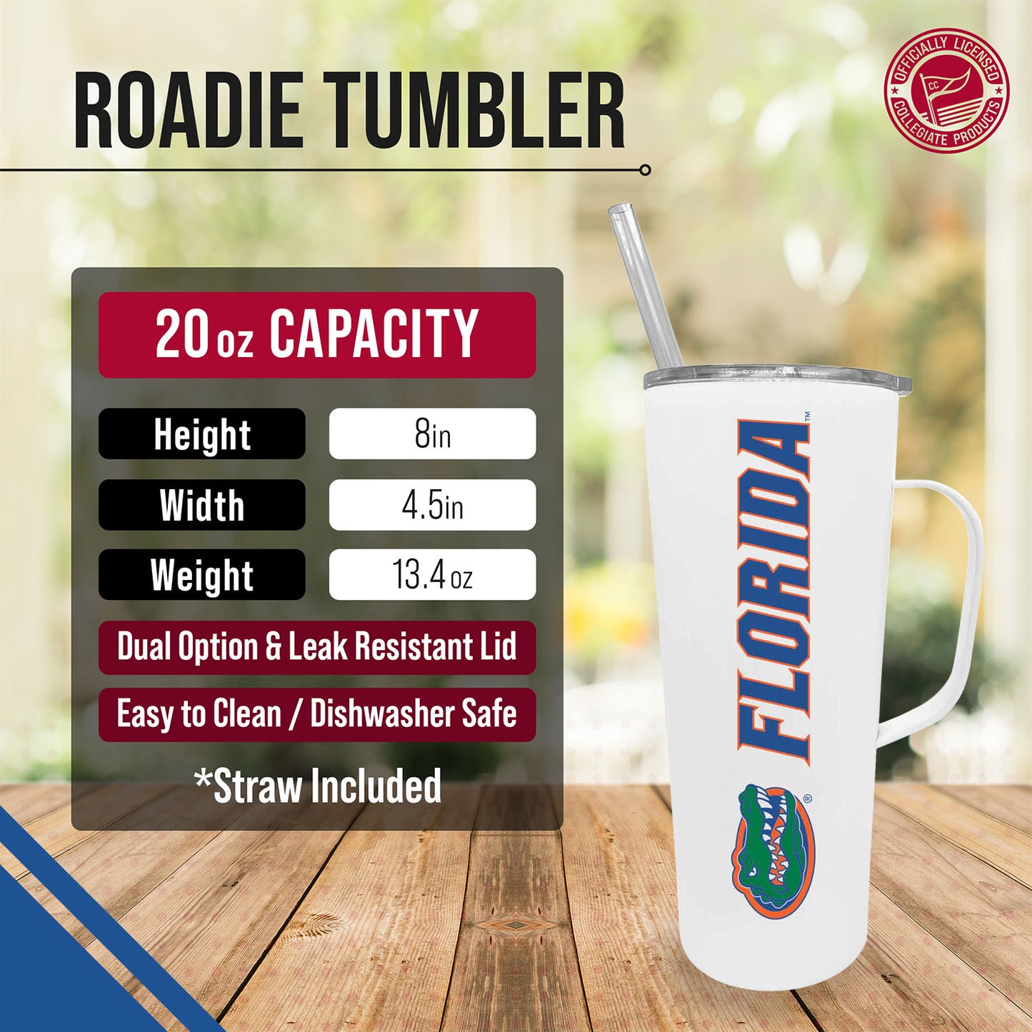 Florida Gators NCAA Stainless Steel 20oz Roadie With Handle & Dual Option Lid With Straw - White