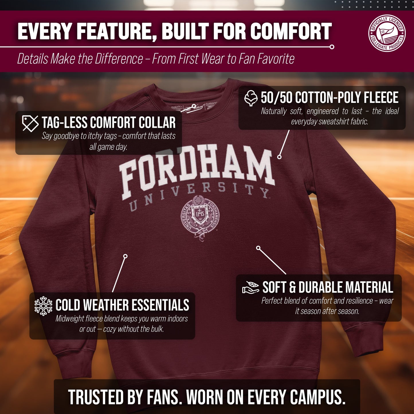 Fordham Rams Campus Colors Adult Arch & Logo Soft Style Gameday Crewneck Sweatshirt - Maroon