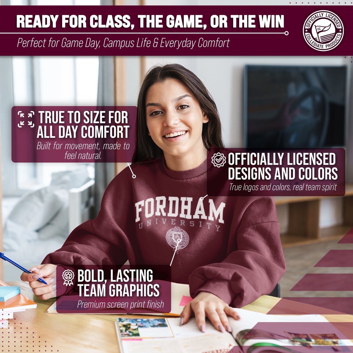 Fordham Rams Campus Colors Adult Arch & Logo Soft Style Gameday Crewneck Sweatshirt - Maroon