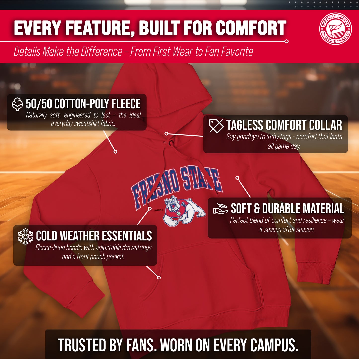 Fresno State Bulldogs Adult Arch & Logo Soft Style Gameday Hooded Sweatshirt - Red