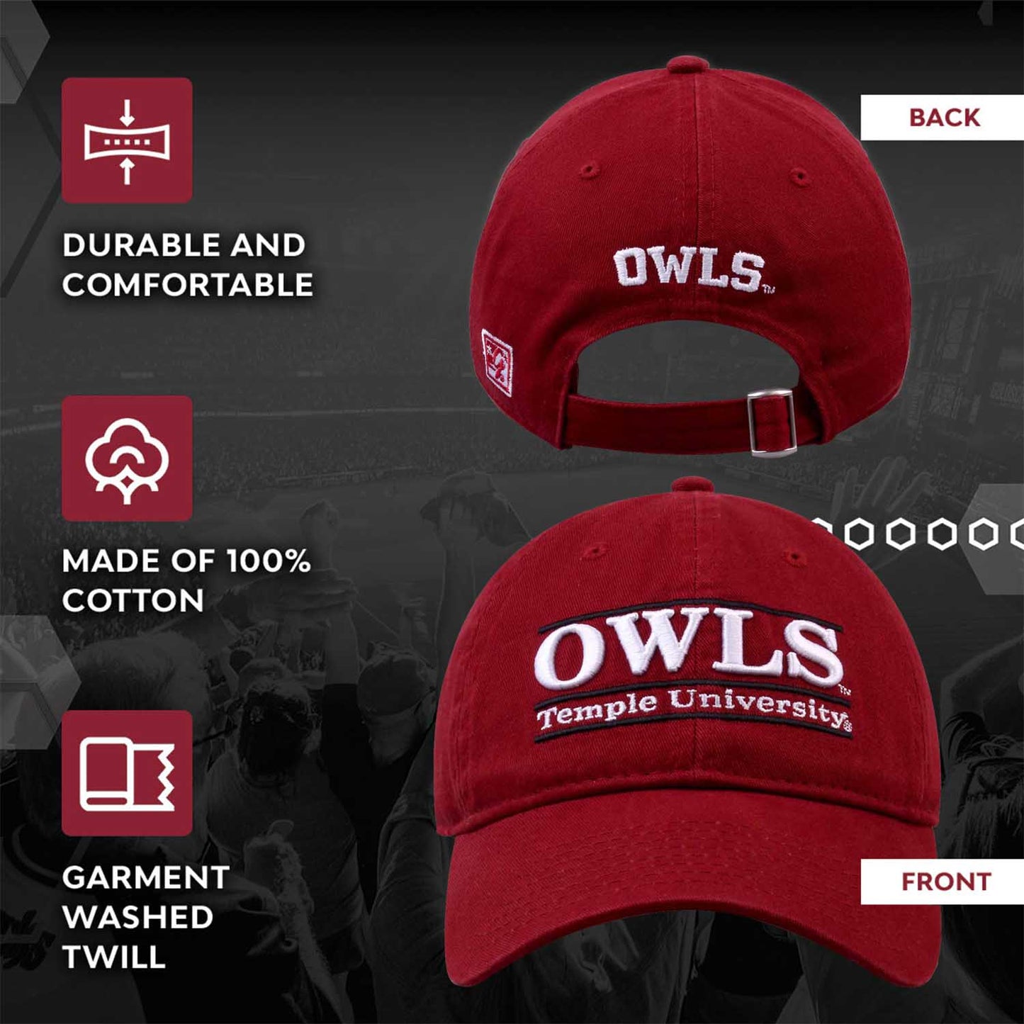 Temple Owls NCAA Adult Bar Hat - Cardinal