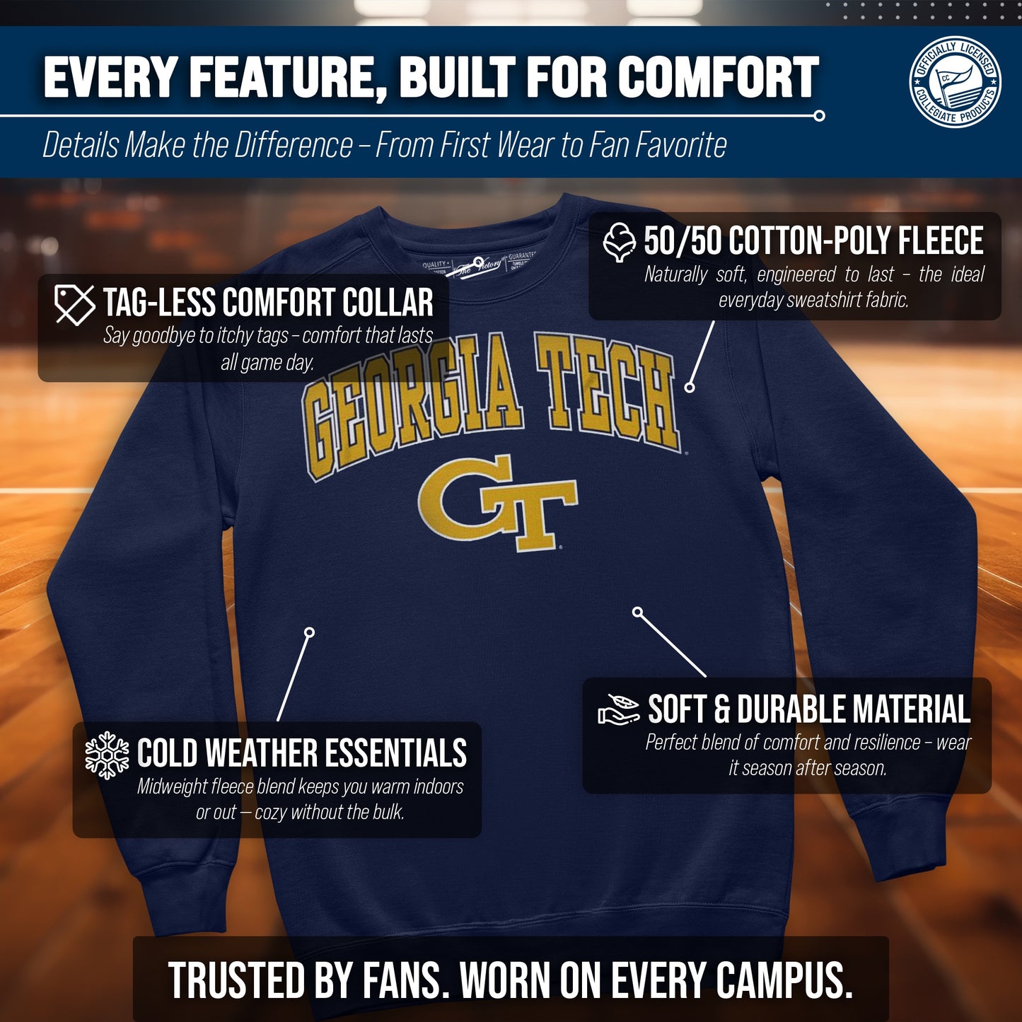Georgia Tech Yellowjackets Adult Arch & Logo Soft Style Gameday Crewneck Sweatshirt - Navy