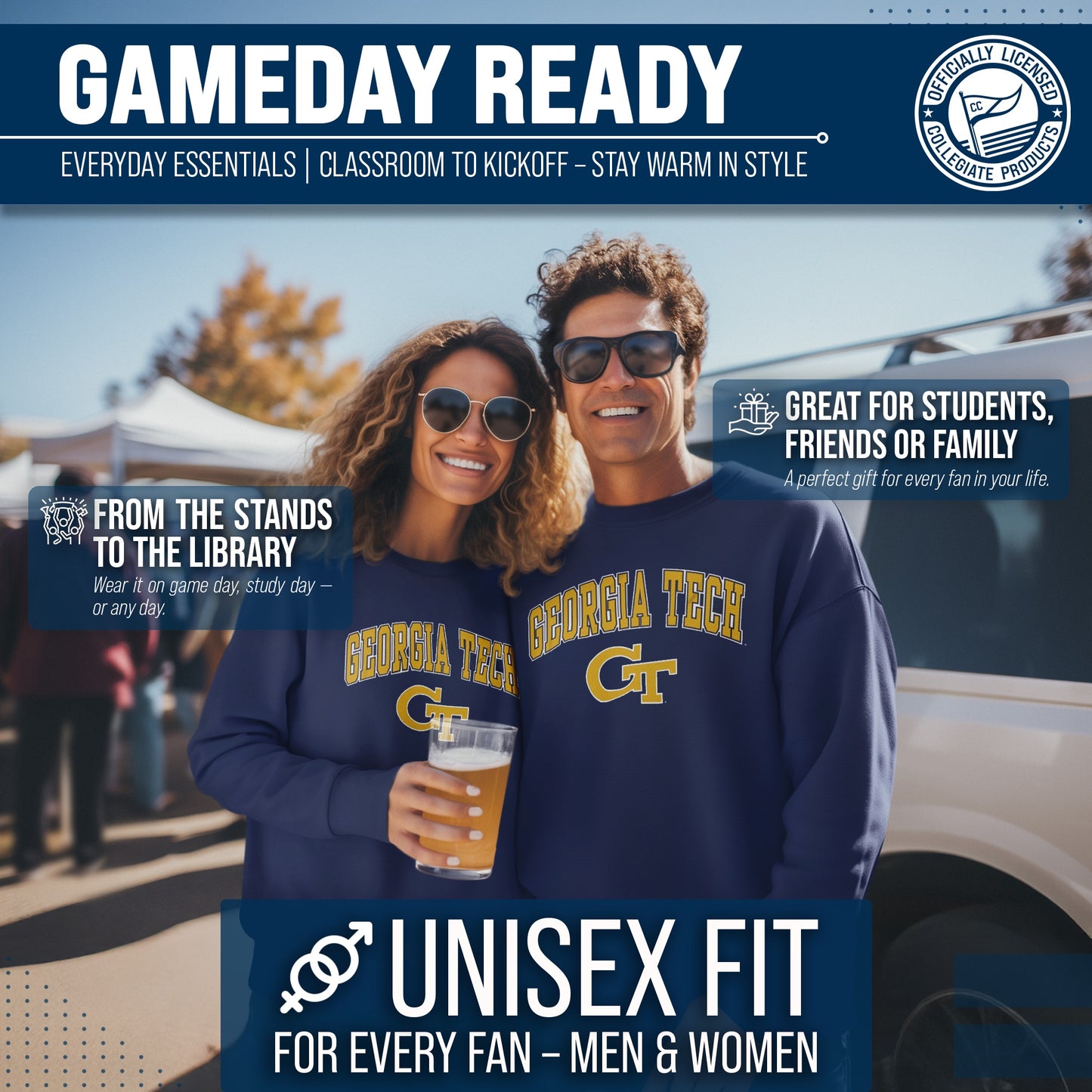 Georgia Tech Yellowjackets Adult Arch & Logo Soft Style Gameday Crewneck Sweatshirt - Navy