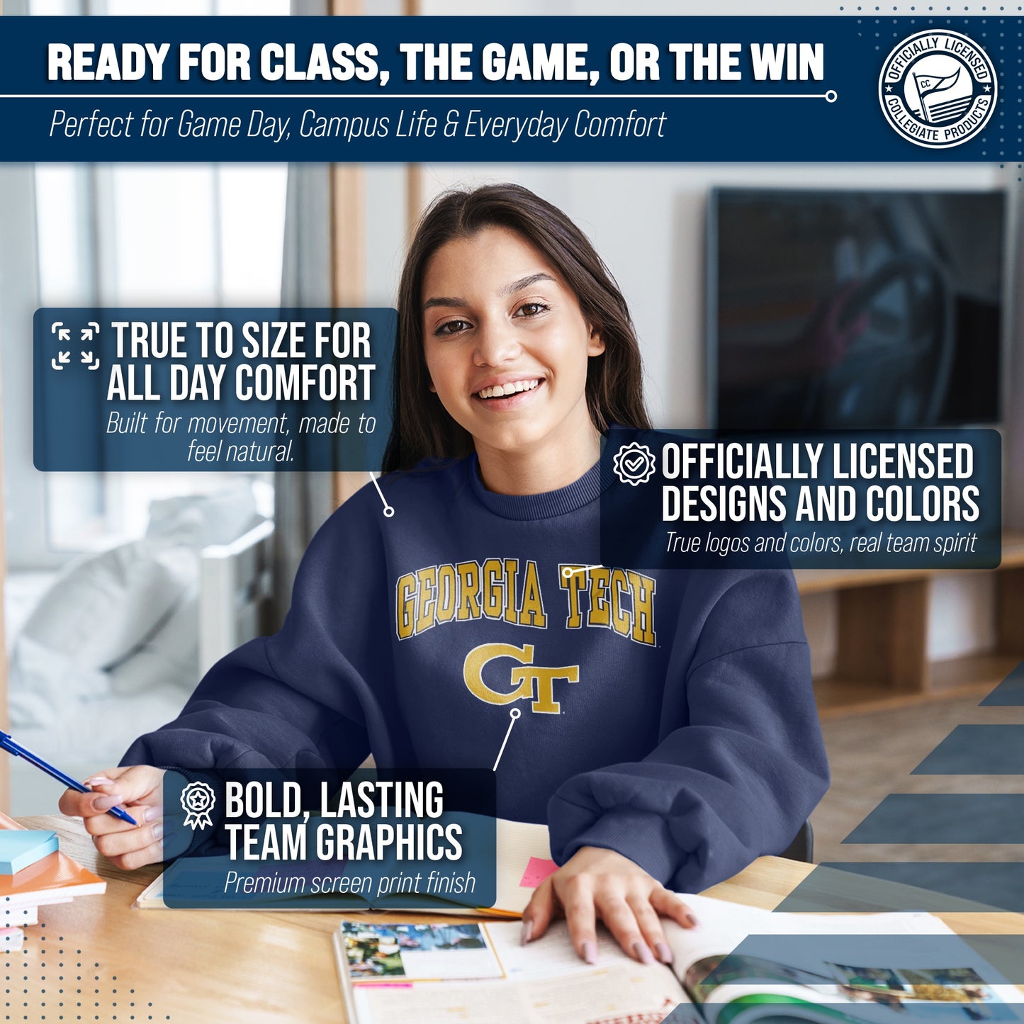 Georgia Tech Yellowjackets Adult Arch & Logo Soft Style Gameday Crewneck Sweatshirt - Navy