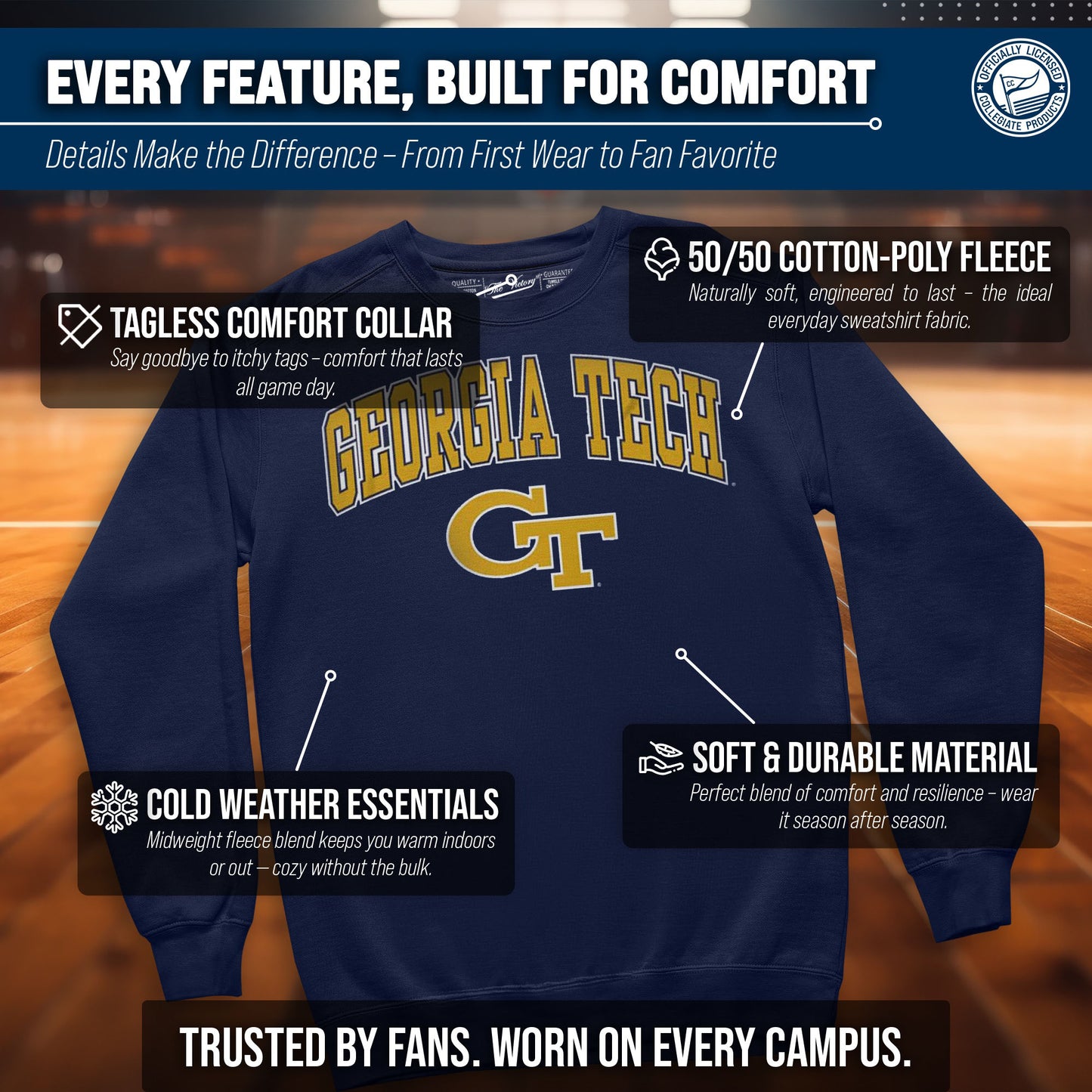 Georgia Tech Yellowjackets Adult Arch & Logo Soft Style Gameday Crewneck Sweatshirt - Navy