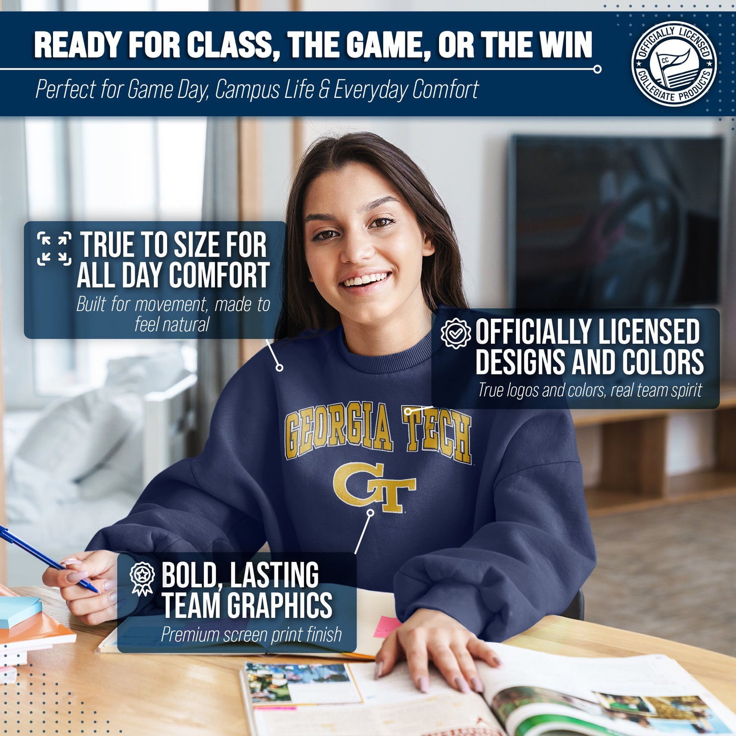 Georgia Tech Yellowjackets Adult Arch & Logo Soft Style Gameday Crewneck Sweatshirt - Navy